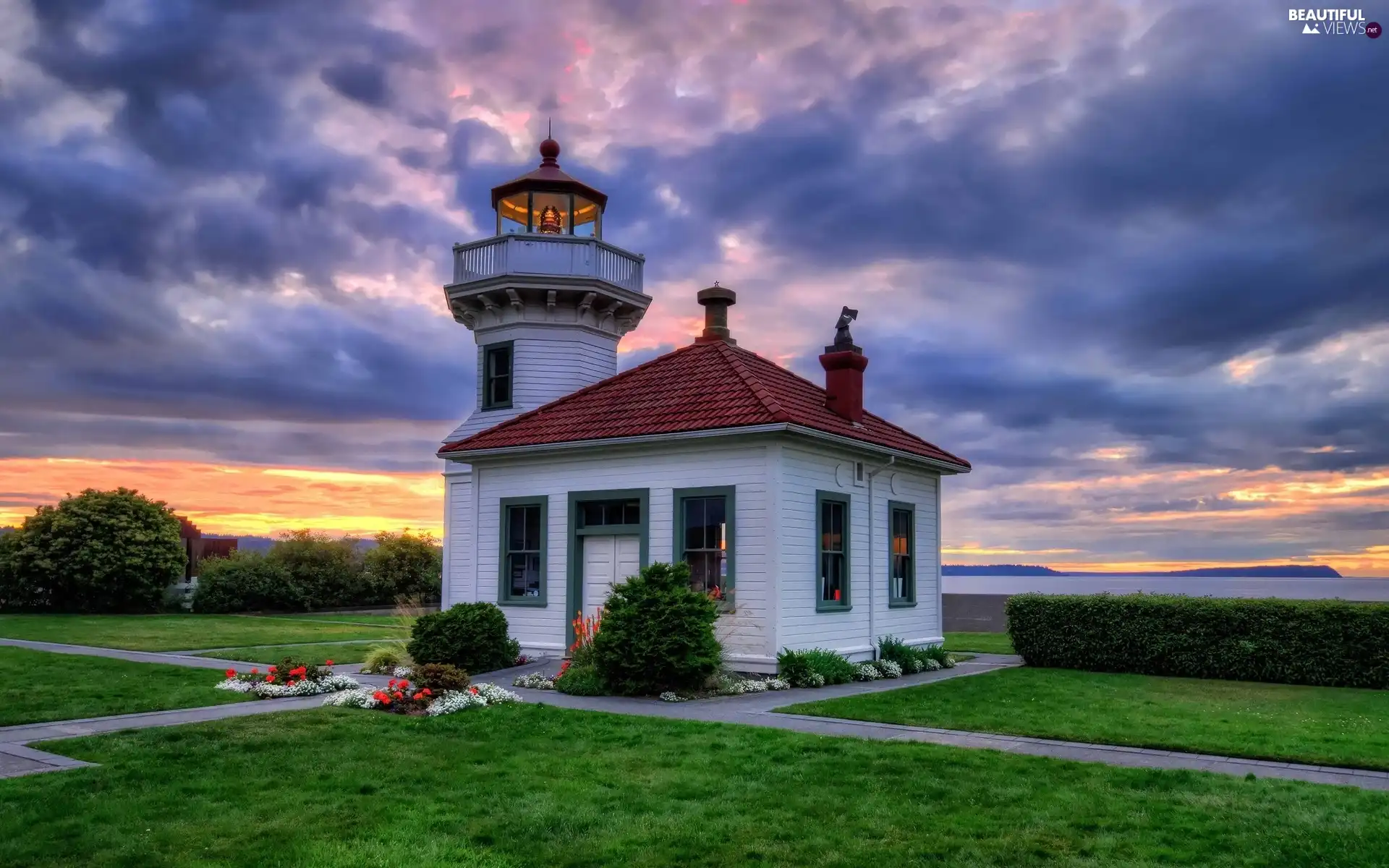 sea, clouds, maritime, Flowers, Lighthouse