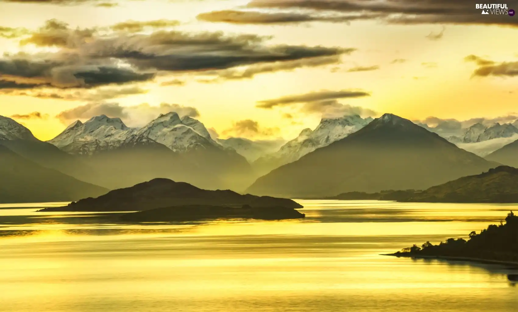 sea, Mountains, clouds