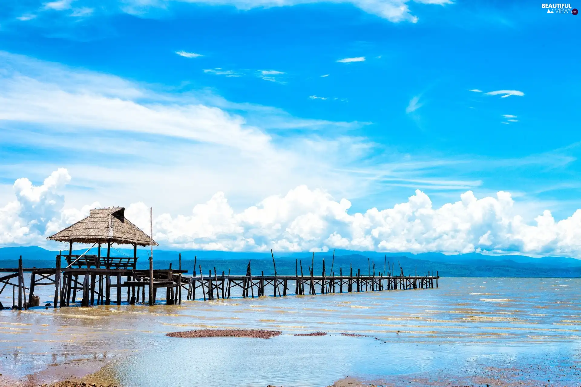 sea, pier, clouds