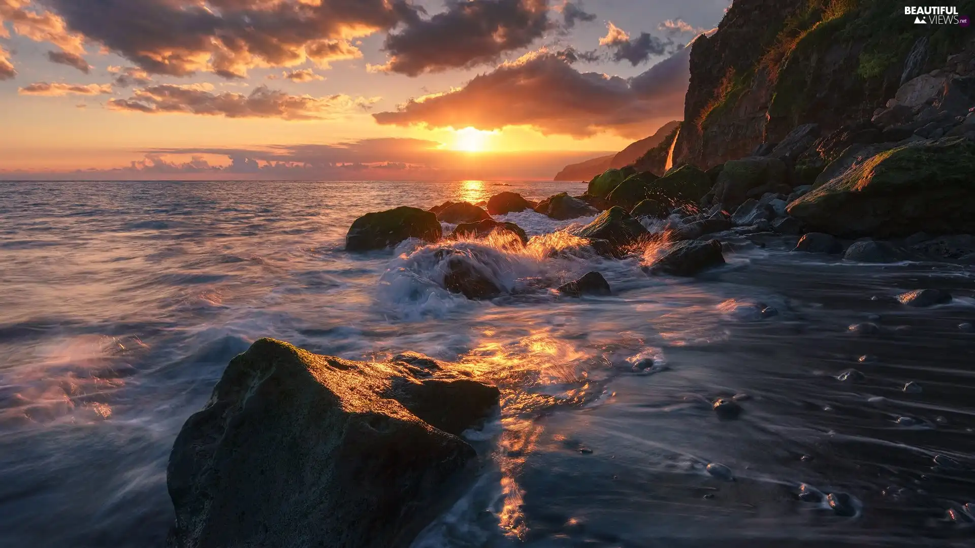 Great Sunsets, clouds, sea, rocks, Coast