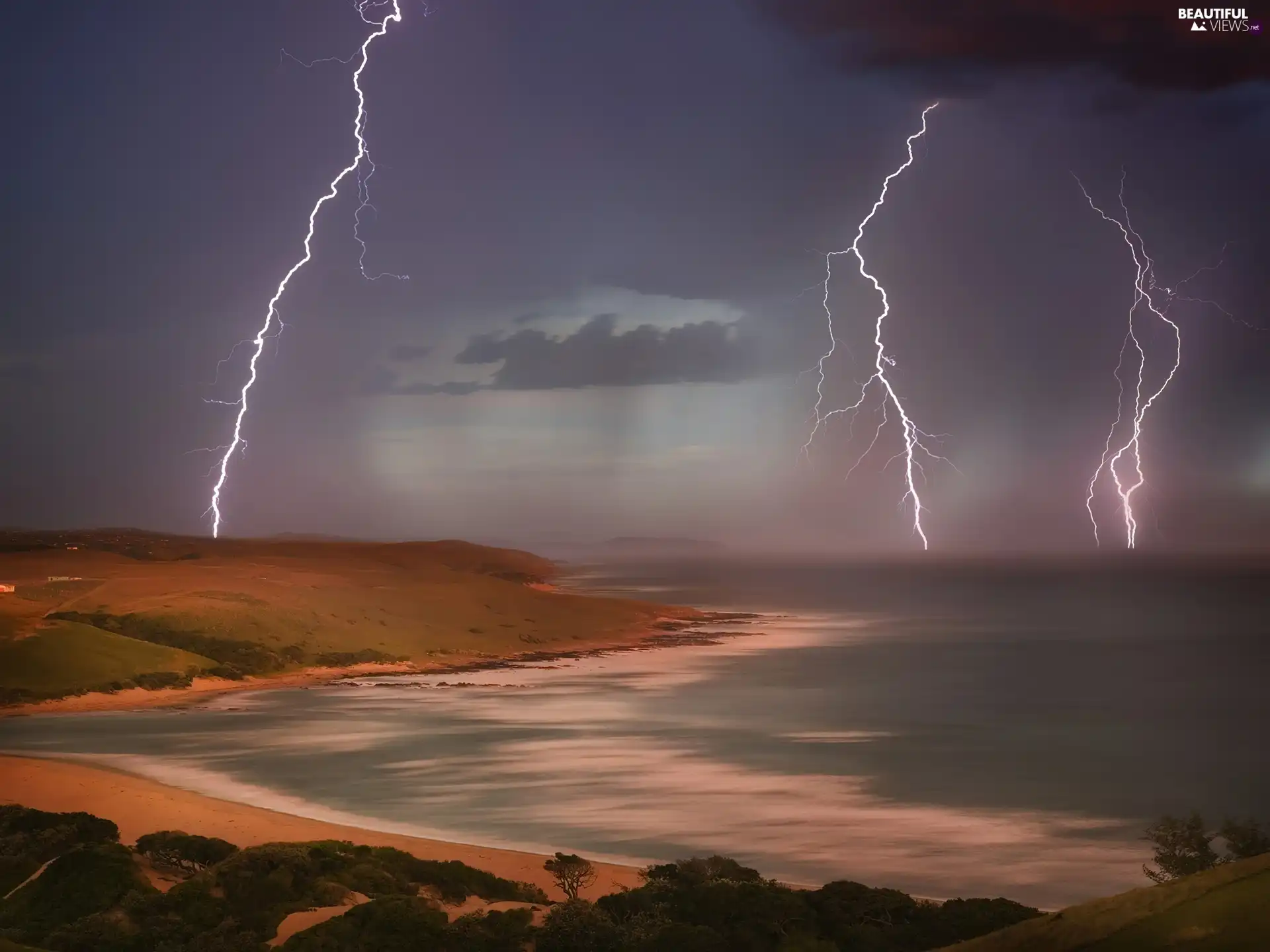 sea, lightning, Coast