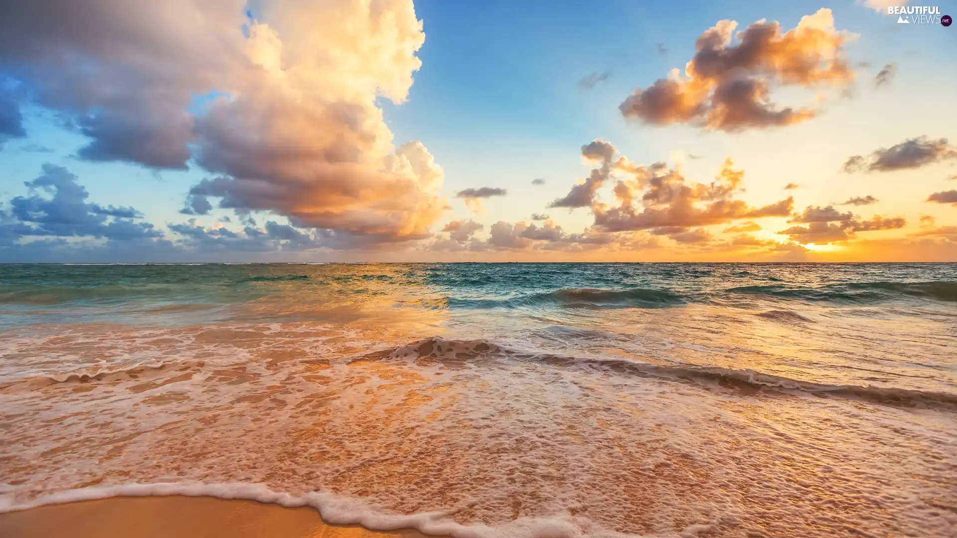 coast, clouds, Sunrise, sea