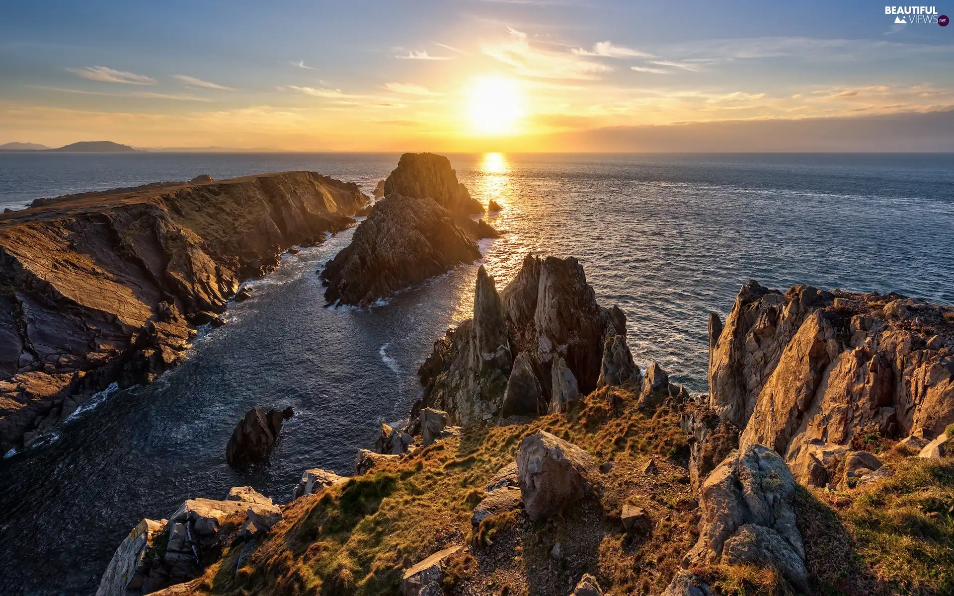 sea, Ireland, Great Sunsets, Cape Malin Head, rocks, County Donegal