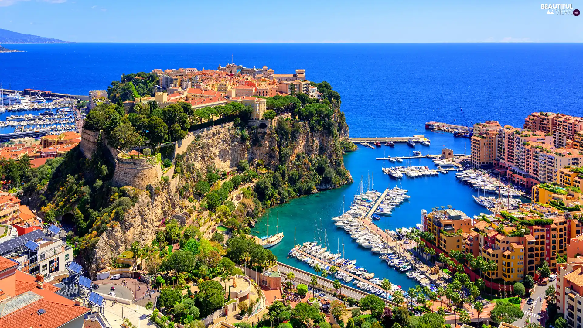 Yachts, Port de Fontvieille, Houses, VEGETATION, Town, Monaco, Coast, sea, rocks, Gulf