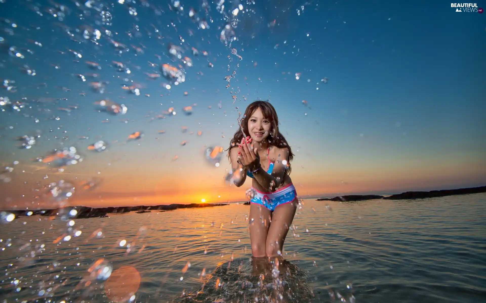 sea, drops, west, sun, Women