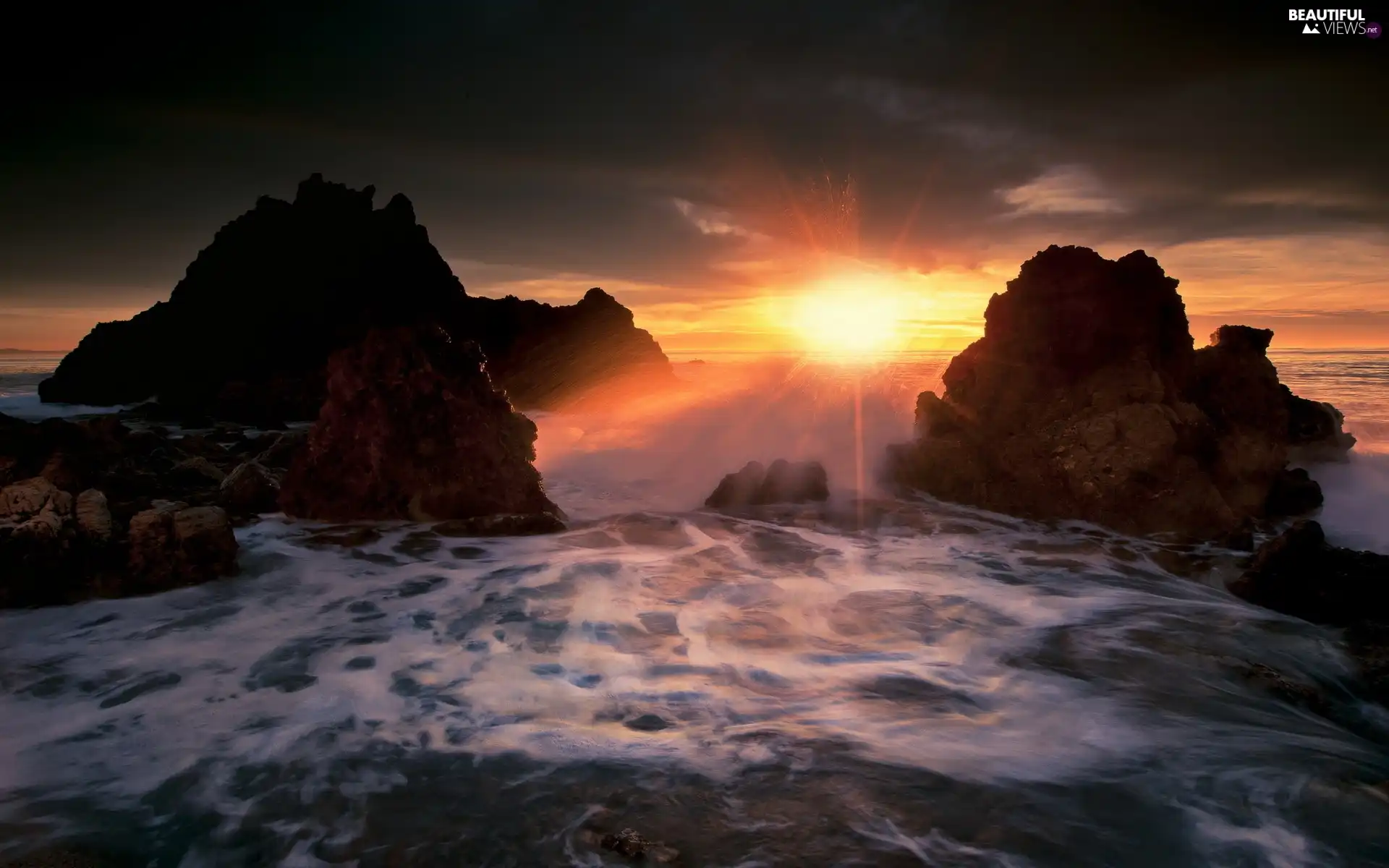 rocks, Great Sunsets, sea