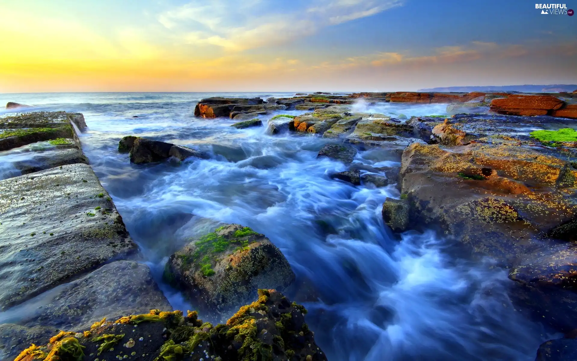 rocks, Great Sunsets, sea