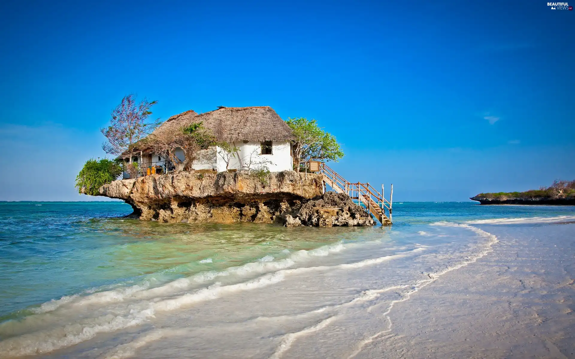 sea, Rocks, house