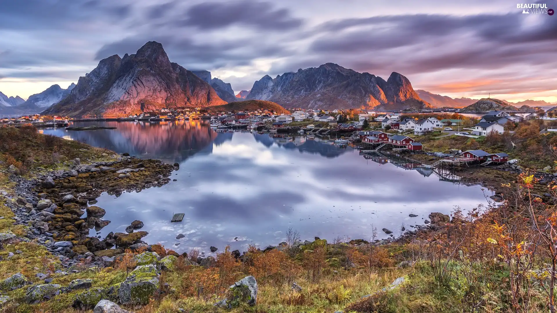 Moskenesoya Island, Reine Village, Mountains, Norwegian Sea, Houses, Lofoten, Norway, Stones