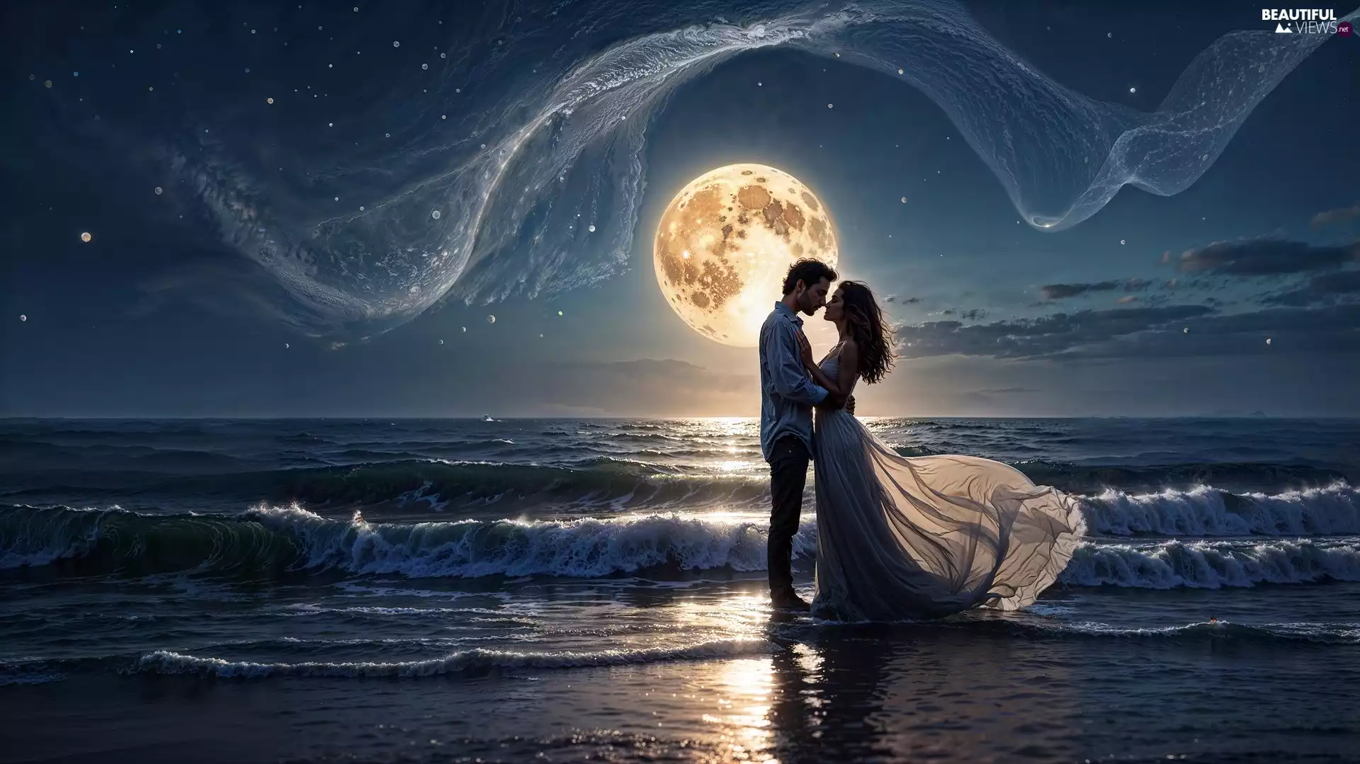 Women, a man, sea, moon, lovers
