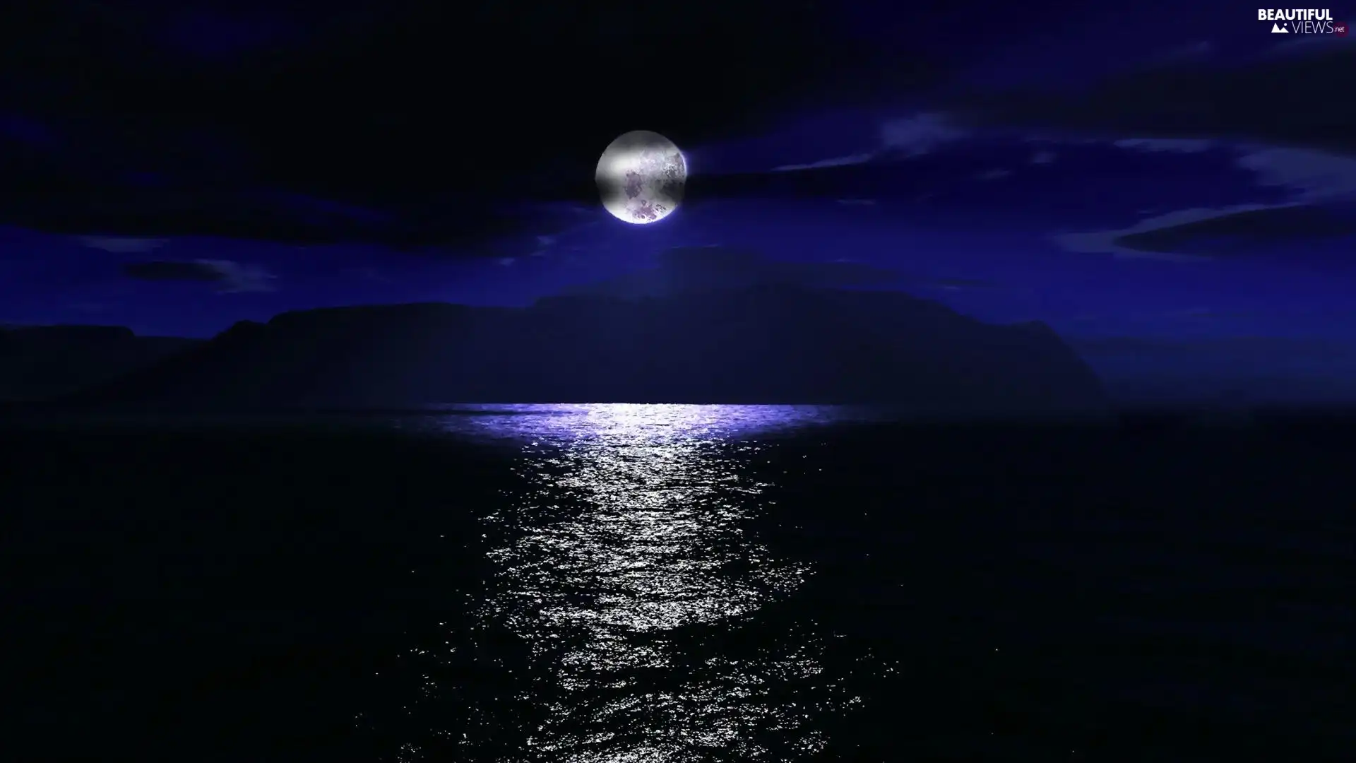 moon, Mountains, sea, Night