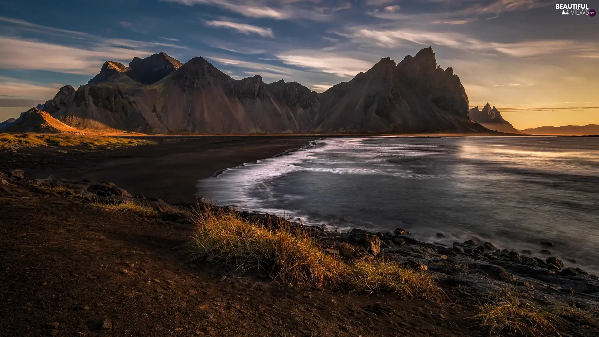 clouds, Vestrahorn mountain, dark, grass, Sand, iceland, Stokksnes Beach, sea, Clumps, Mountains