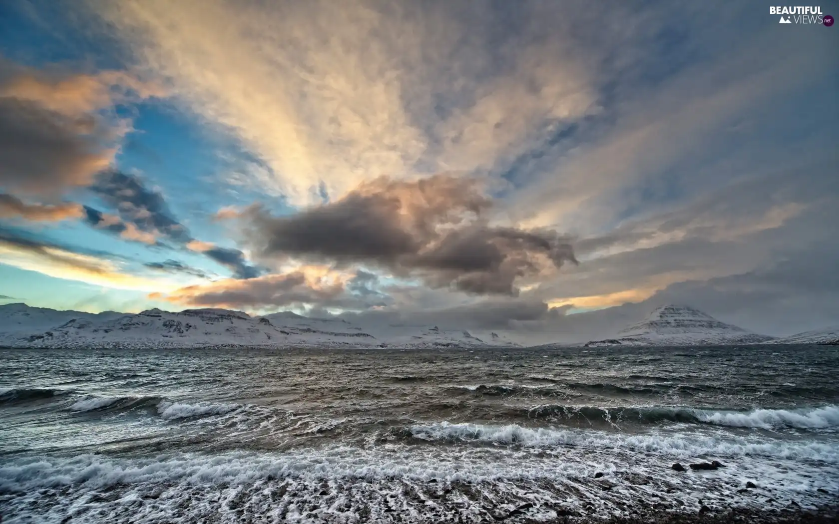 sea, clouds, Mountains