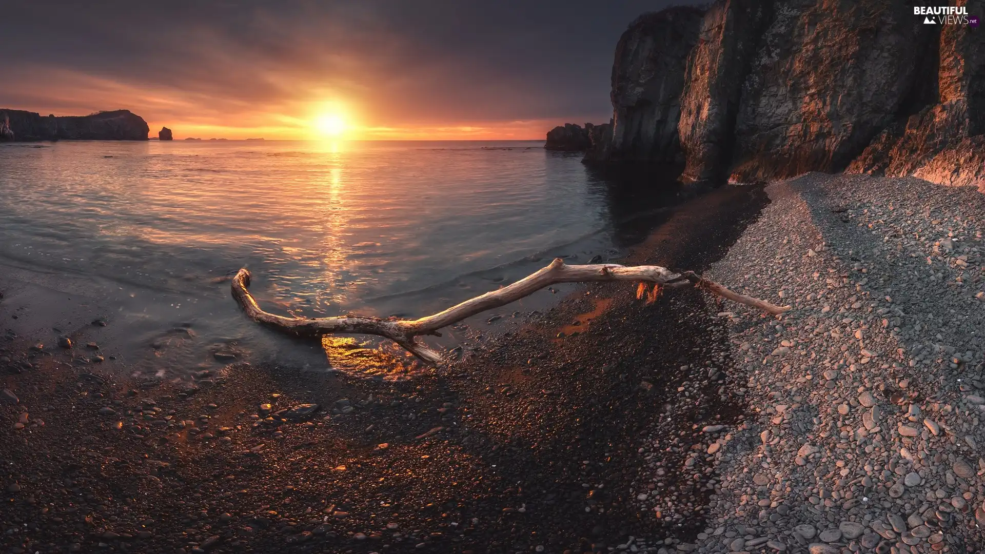 Stones, Lod on the beach, Sunrise, rocks, sea