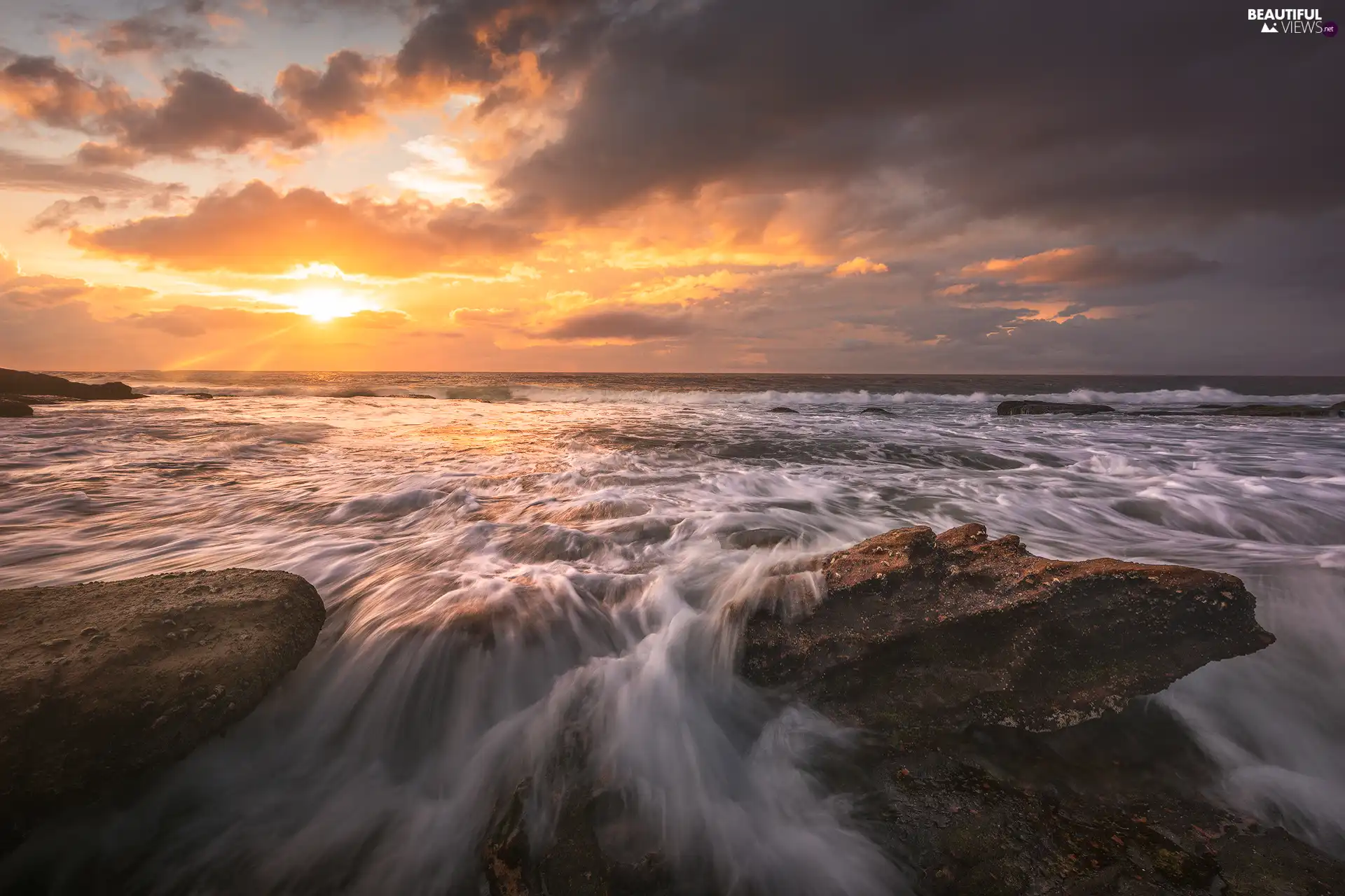 rocks, clouds, Sunrise, sea