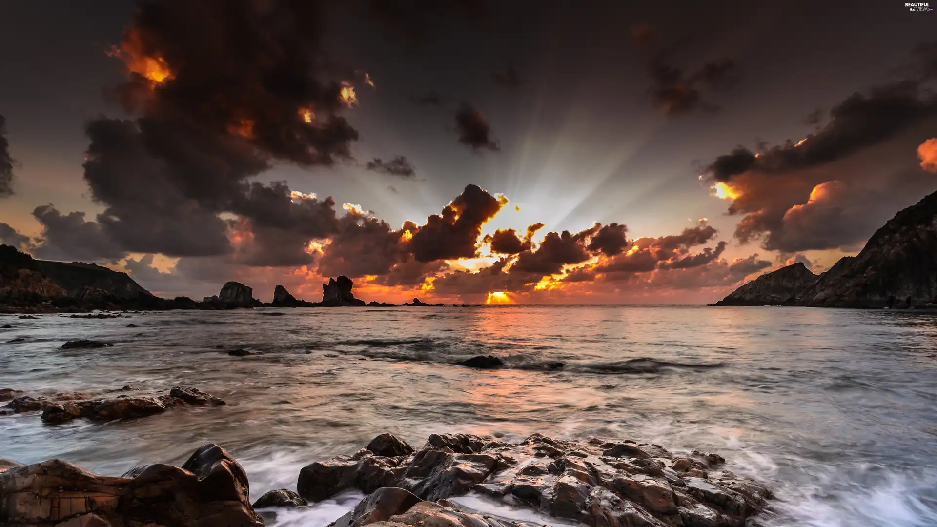 sea, rocks, sun, clouds, west