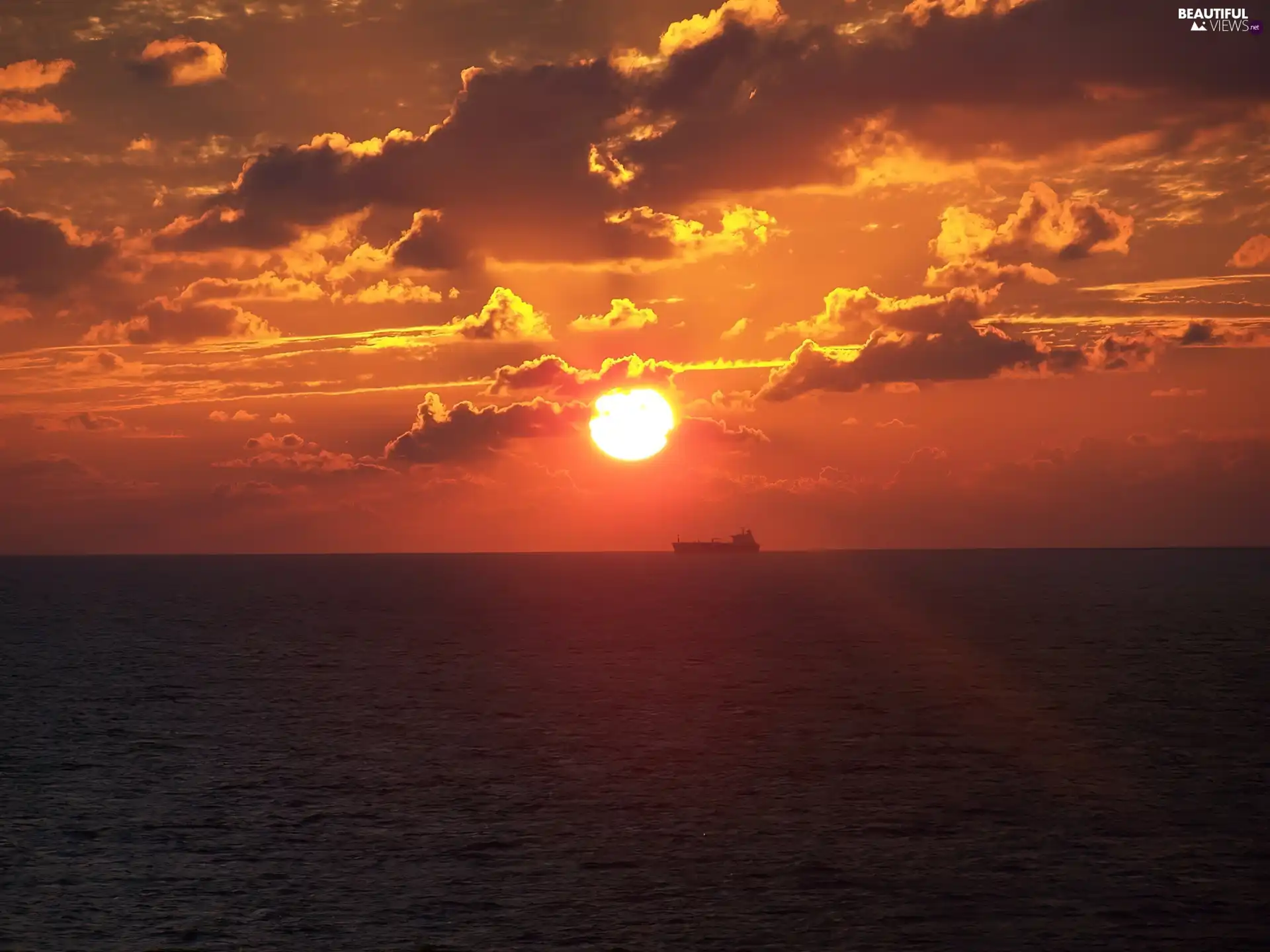 sea, Ship, sun, clouds, west