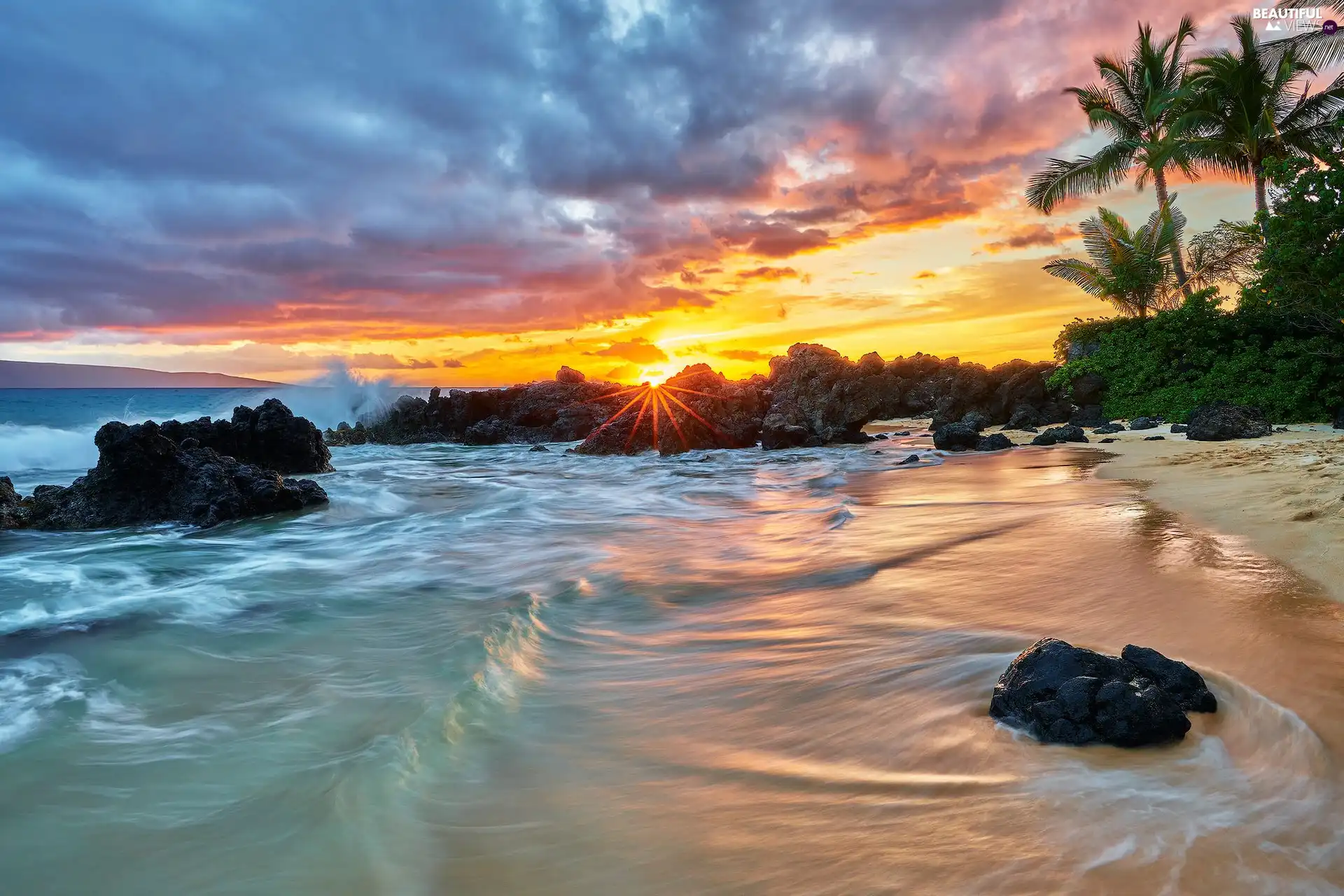 Waves, Aloha State Hawaje, Beaches, Sunrise, Palms, sea