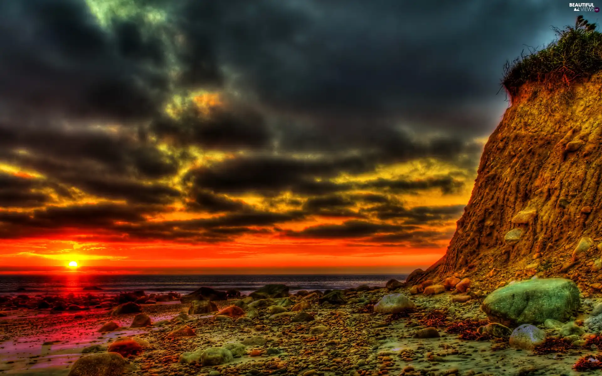 sea, Stones, west, sun, clouds