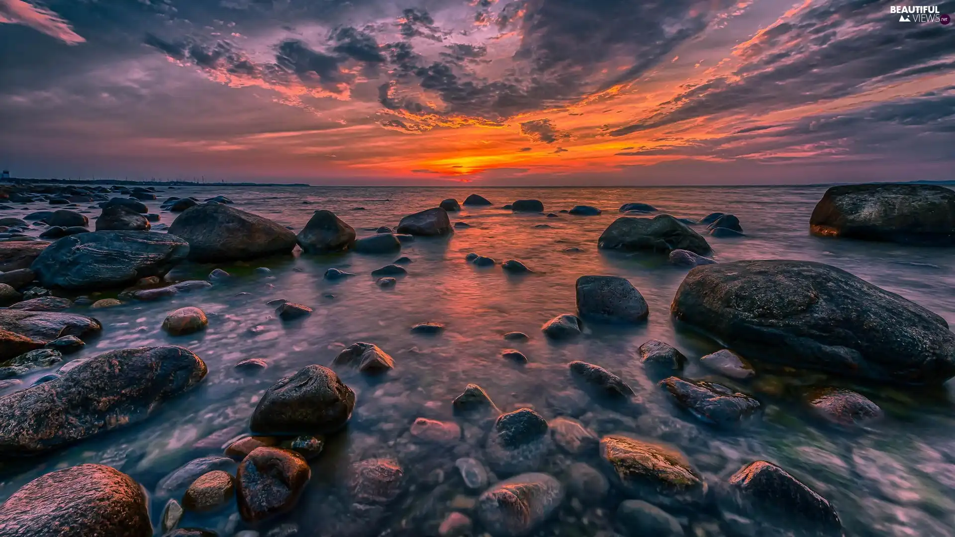 west, Sky, sea, Stones, Sun, clouds