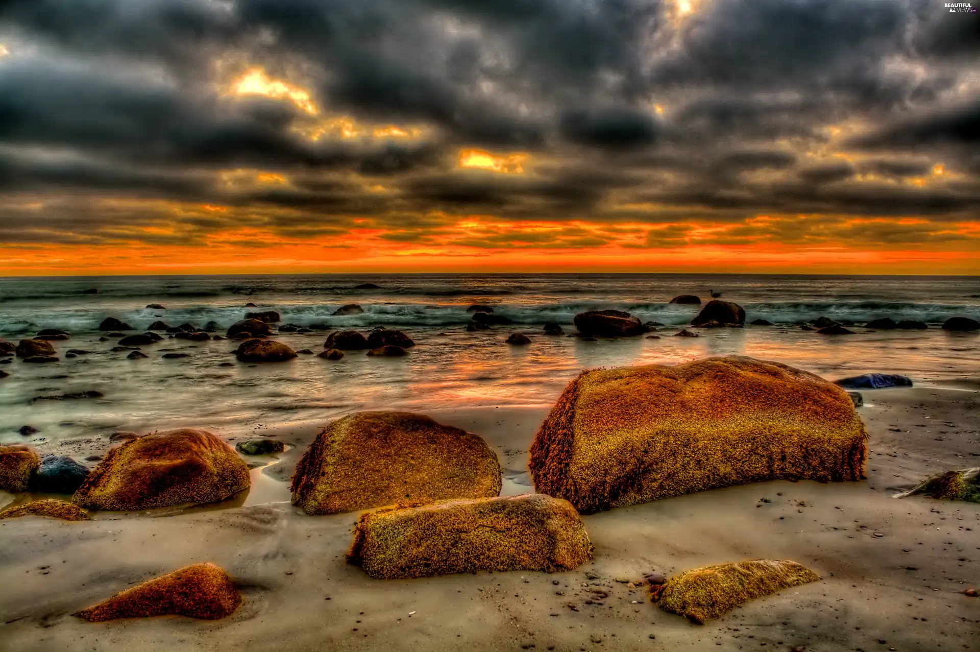 sea, Stones, sun, clouds, west