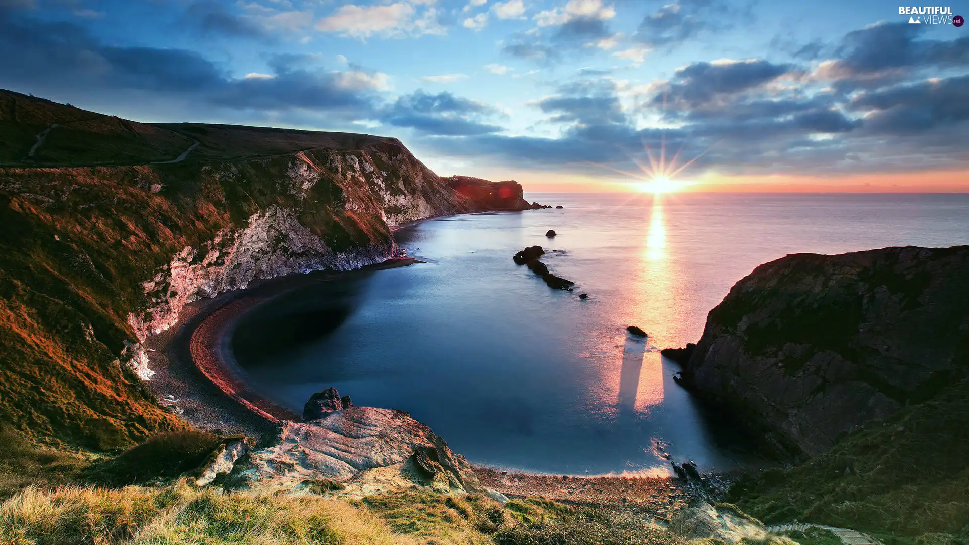 Jurassic Coast, Lulworth Cove Bay, clouds, sea, Sunrise, Dorset, England, cliff
