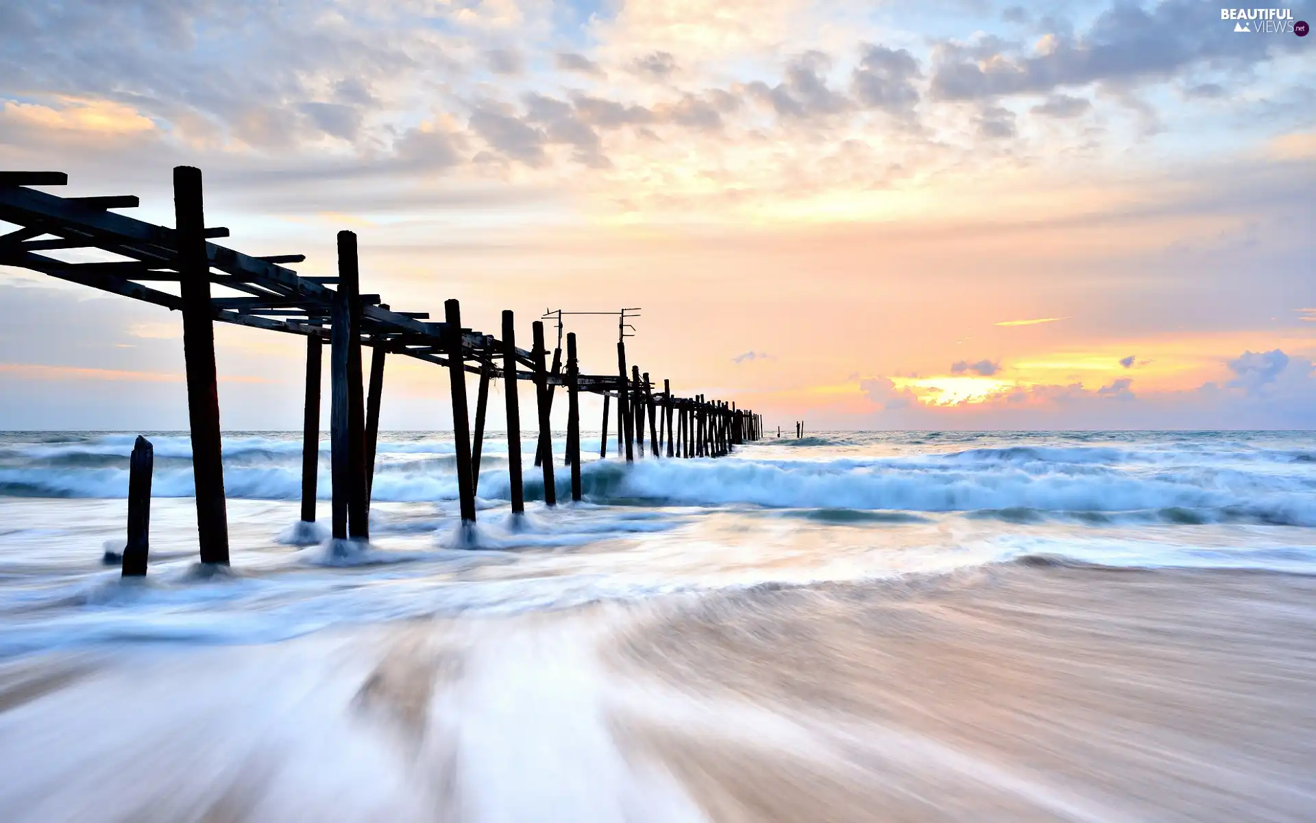 Sunrise, destroyed, pier, sea