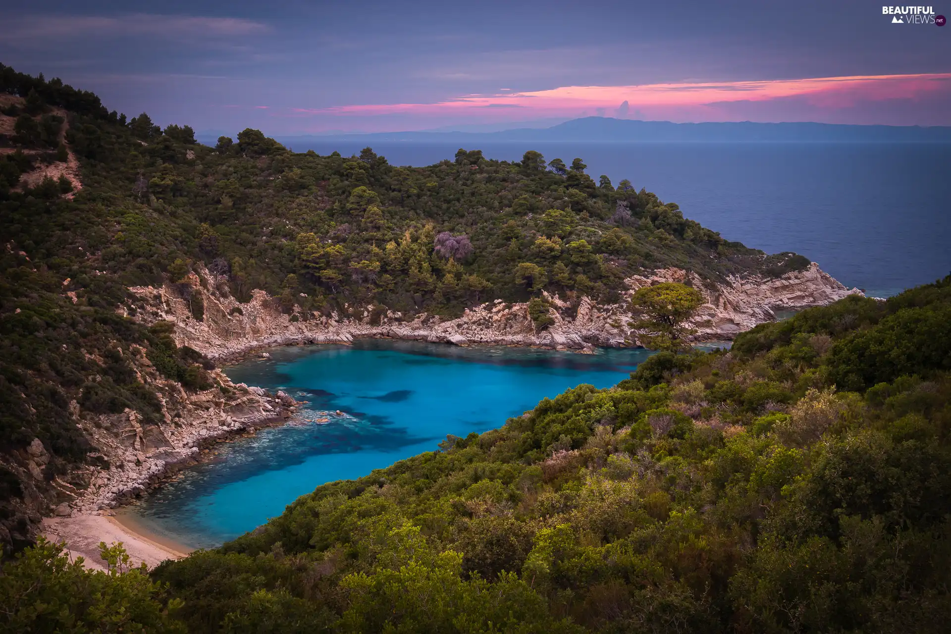 rocks, Gulf, viewes, sea, Greece, trees, VEGETATION