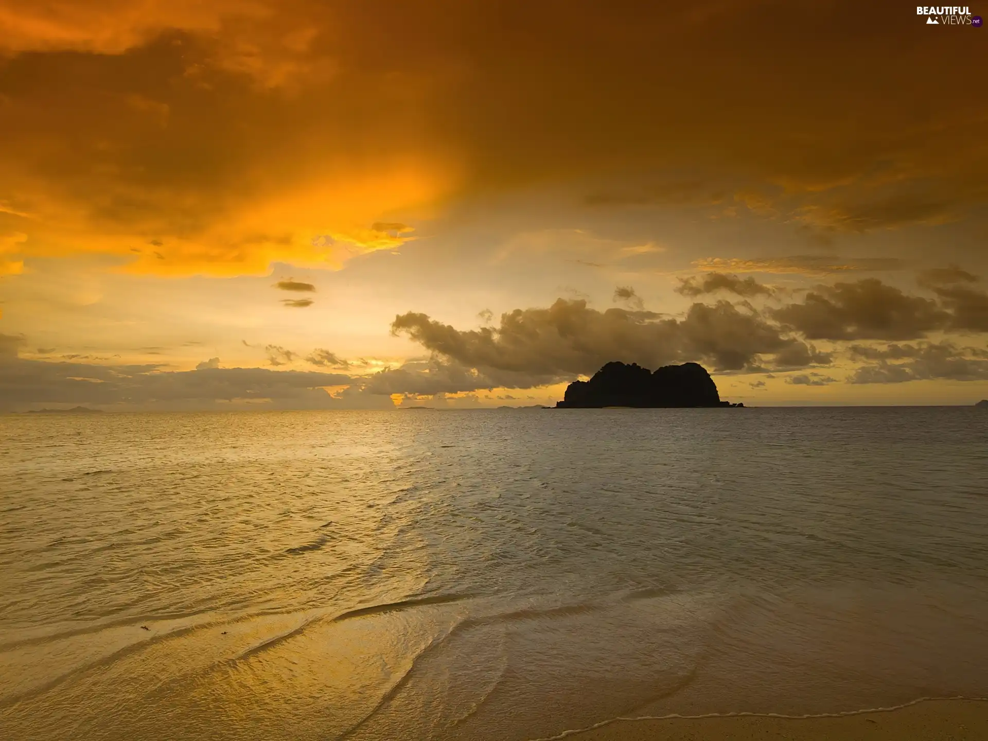 rays, clouds, sea, Waves, Island, sun