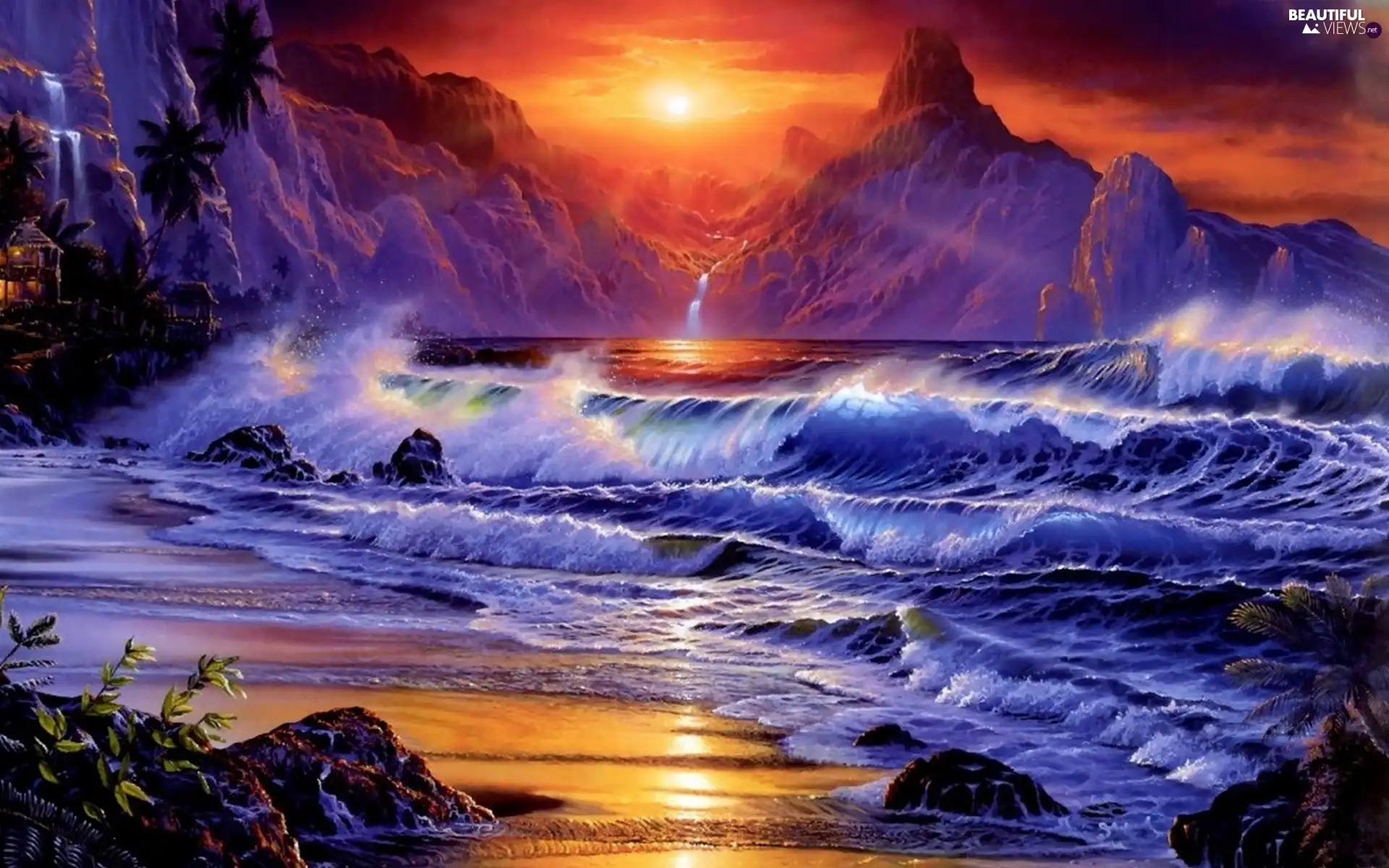 water, landscape, sea, Waves, Mountains, sun