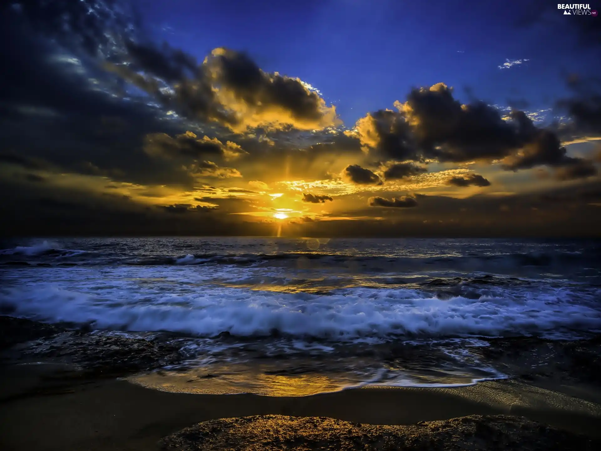 sea, Waves, sun, clouds, west