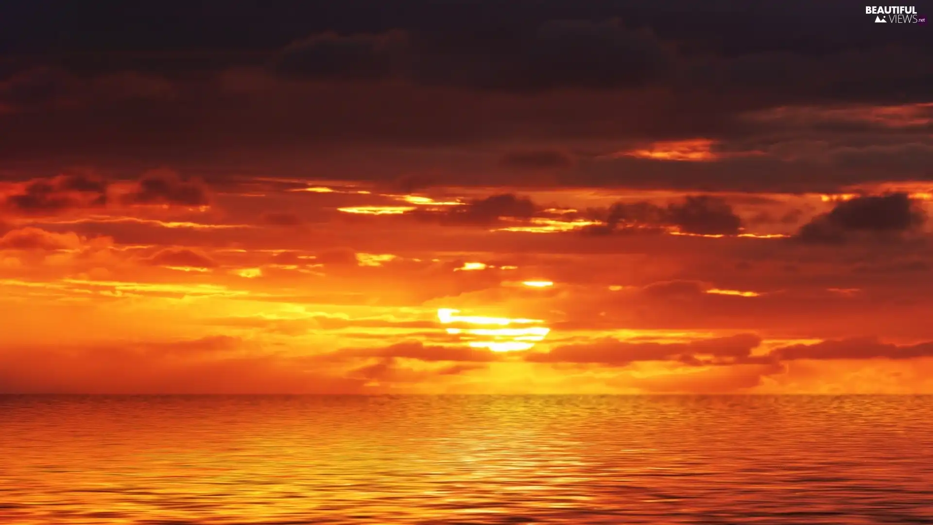 west, clouds, sea, sun