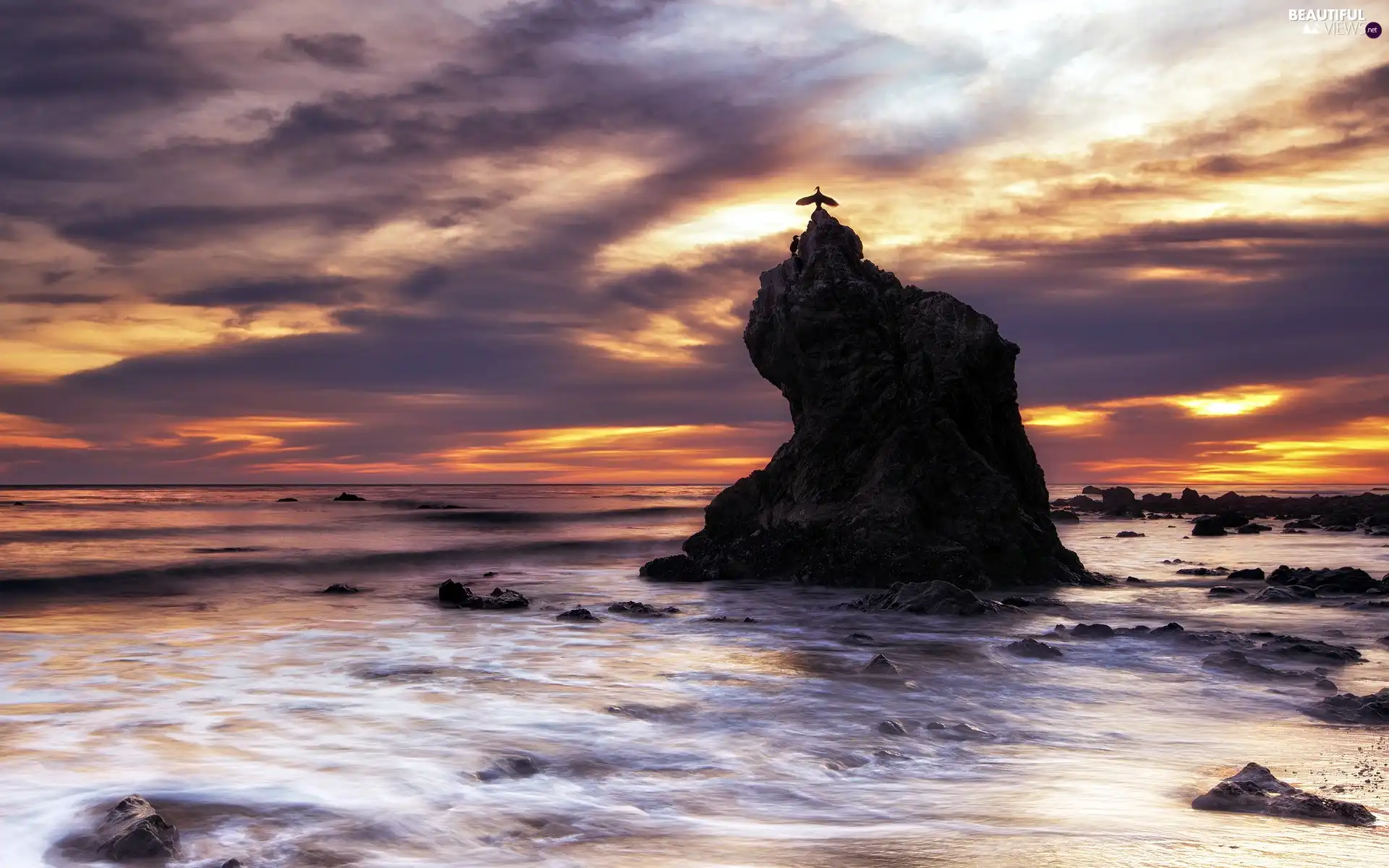 west, Rocks, sea, sun