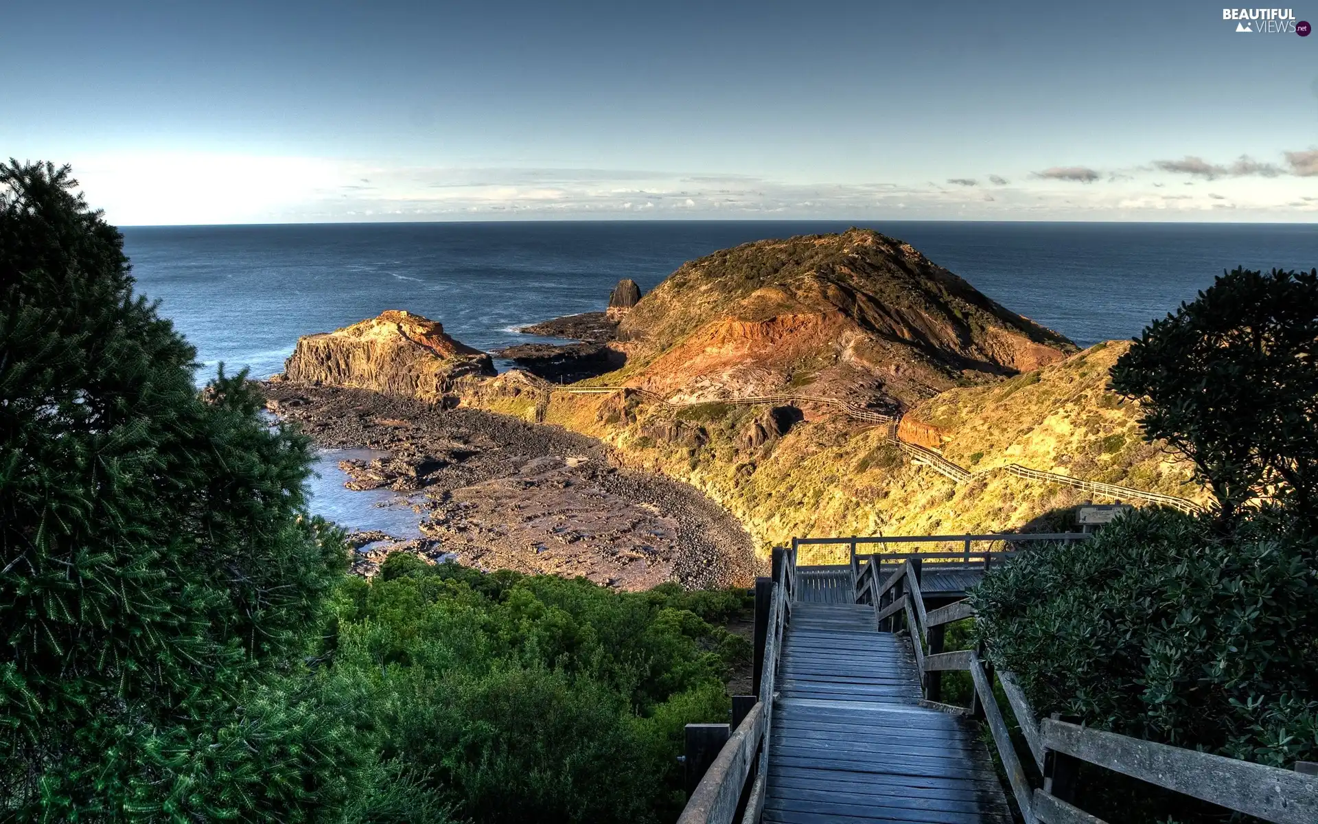 wood, The Hills, sea, Stairs