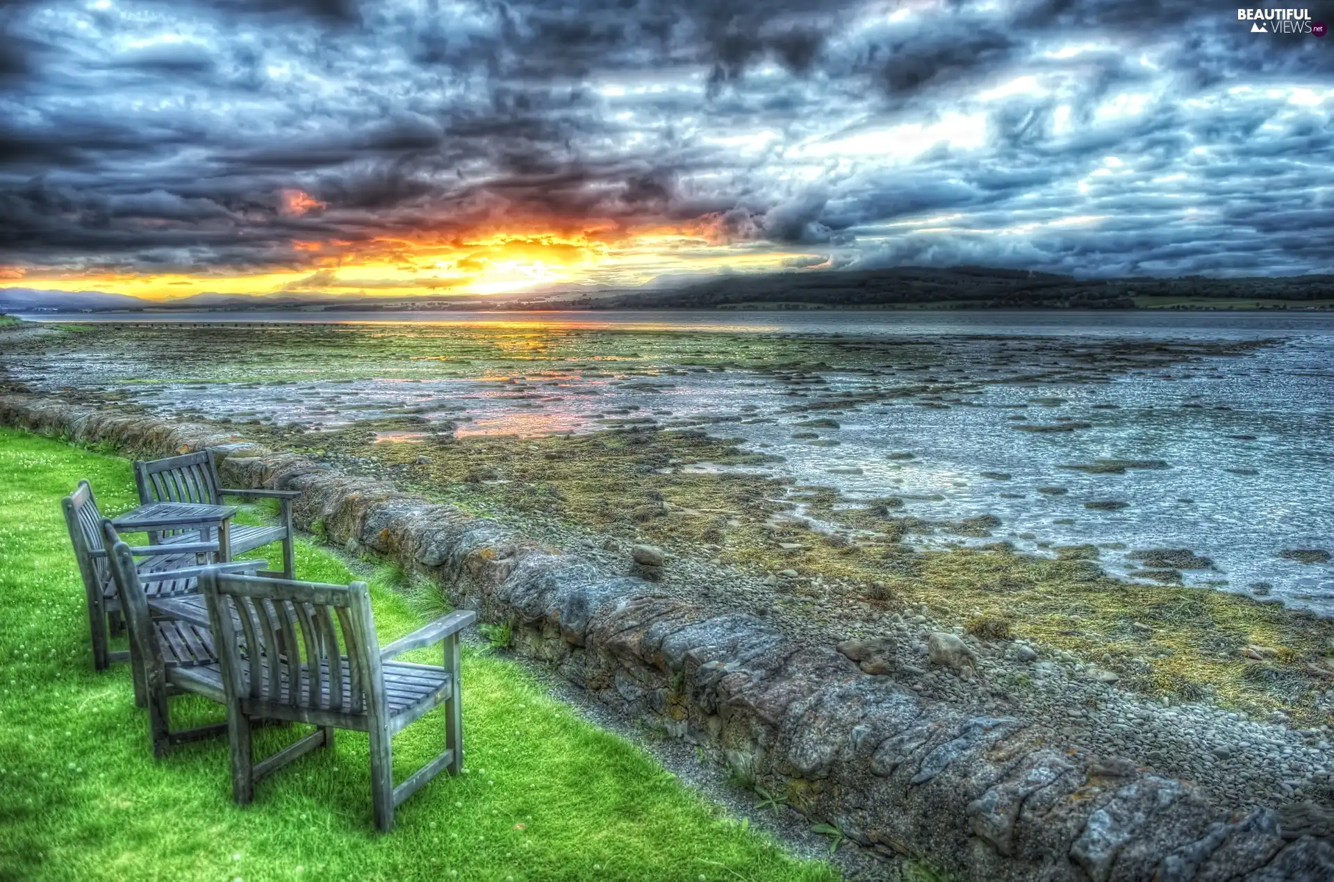 west, lake, seats, sun