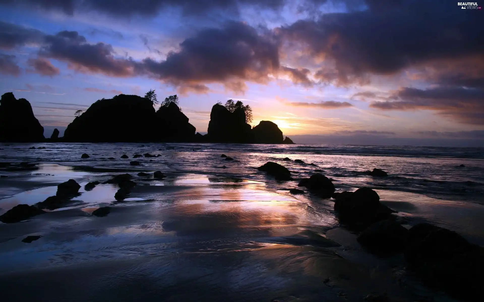 Cliffs, sea, The setting, sun, clouds, Beaches