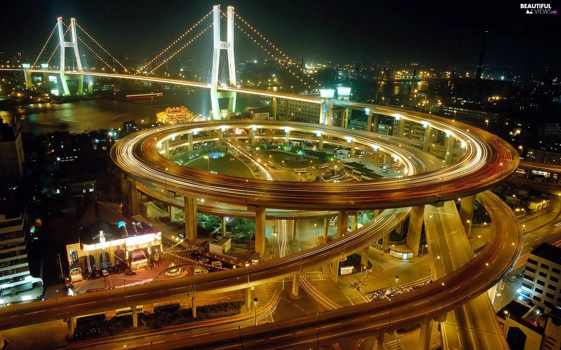 Shanghai, night, flyover, panorama, bridge