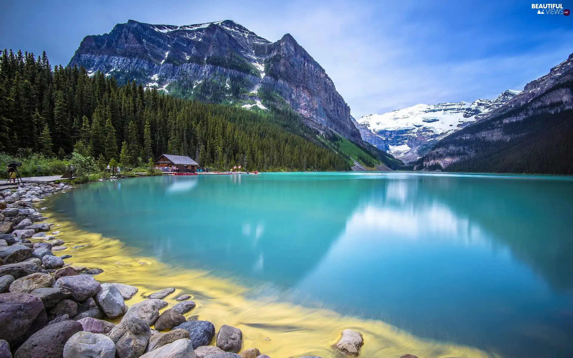 Stones, Mountains, for, woods, lake, shed, Tourists