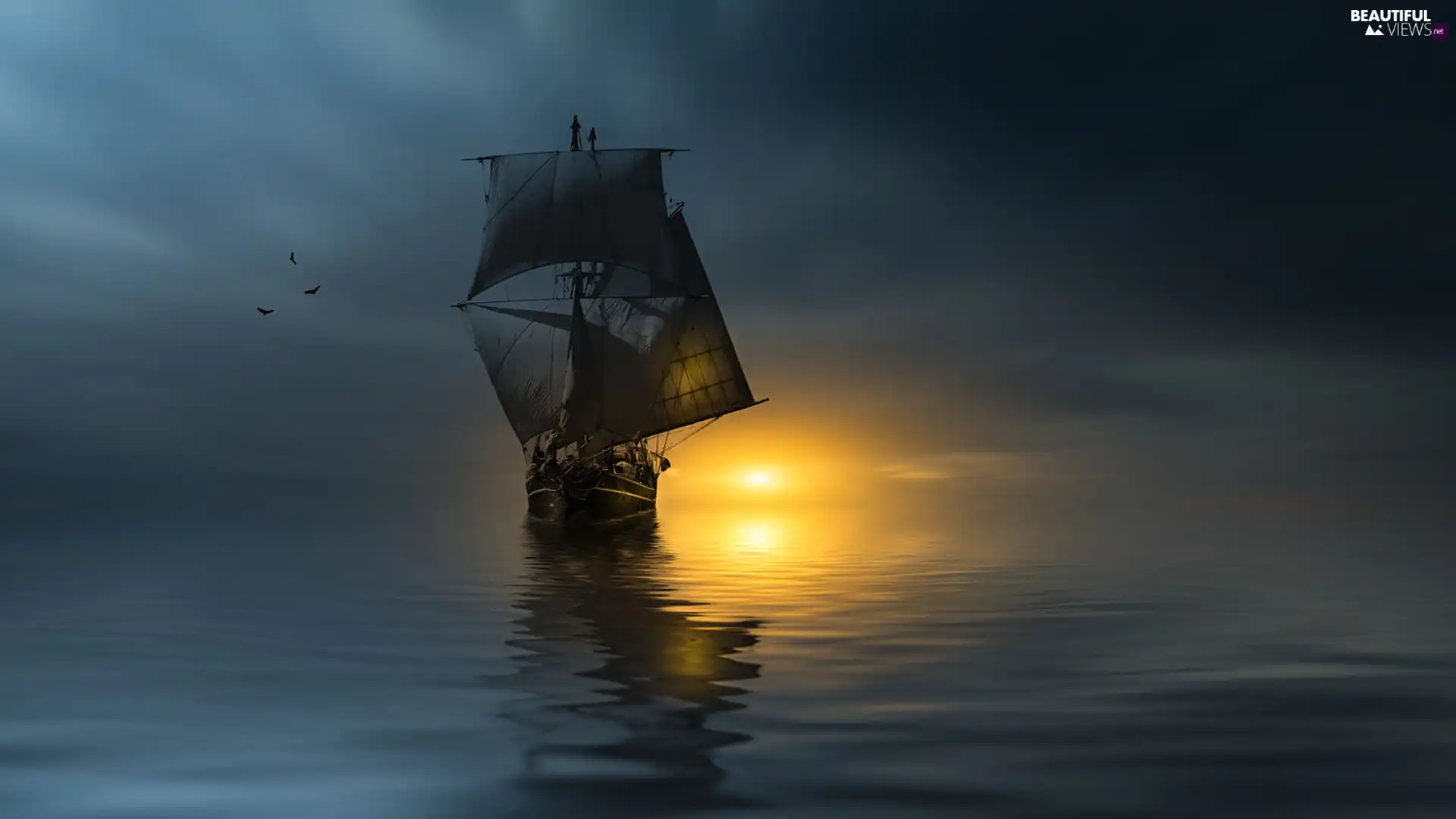 sea, Sunset Sailing Ship