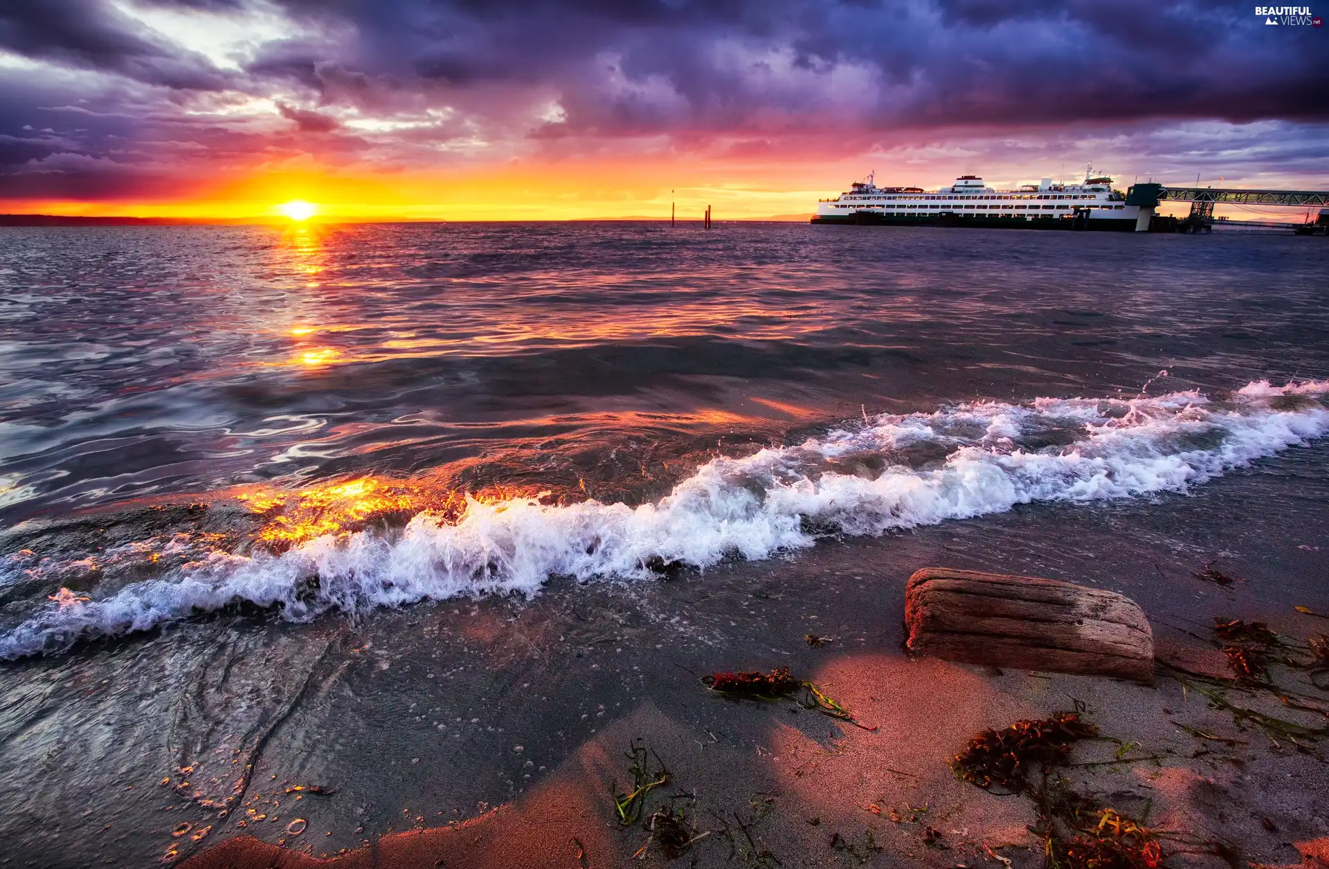 west, sea, Ship, sun