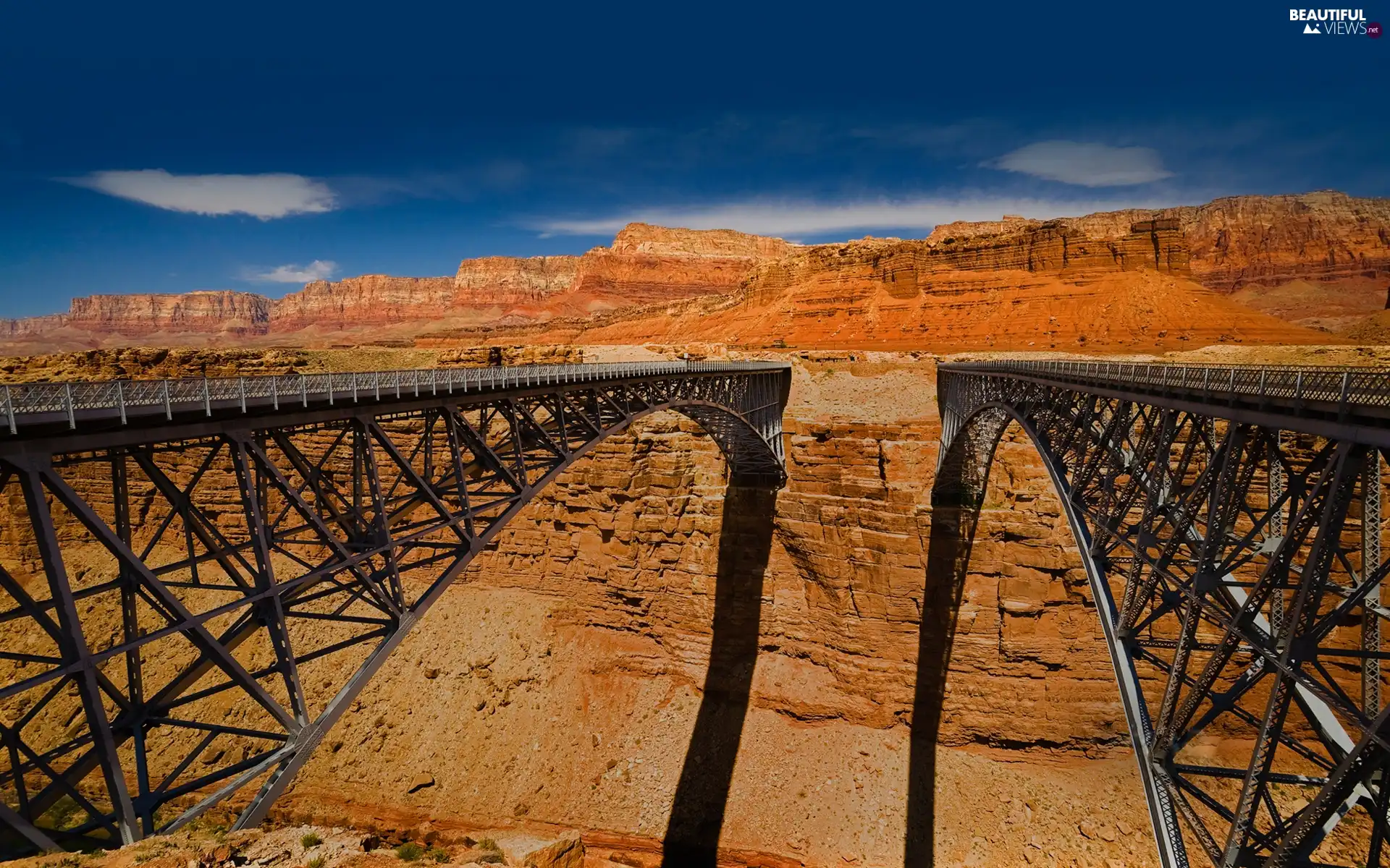 Two cars, canyon, Sky, Bridges