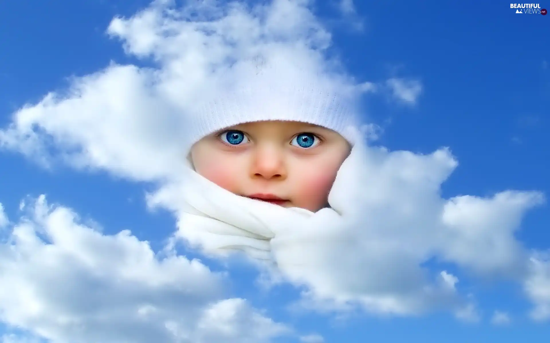 Blue, Kid, Sky, clouds, Eyes, face