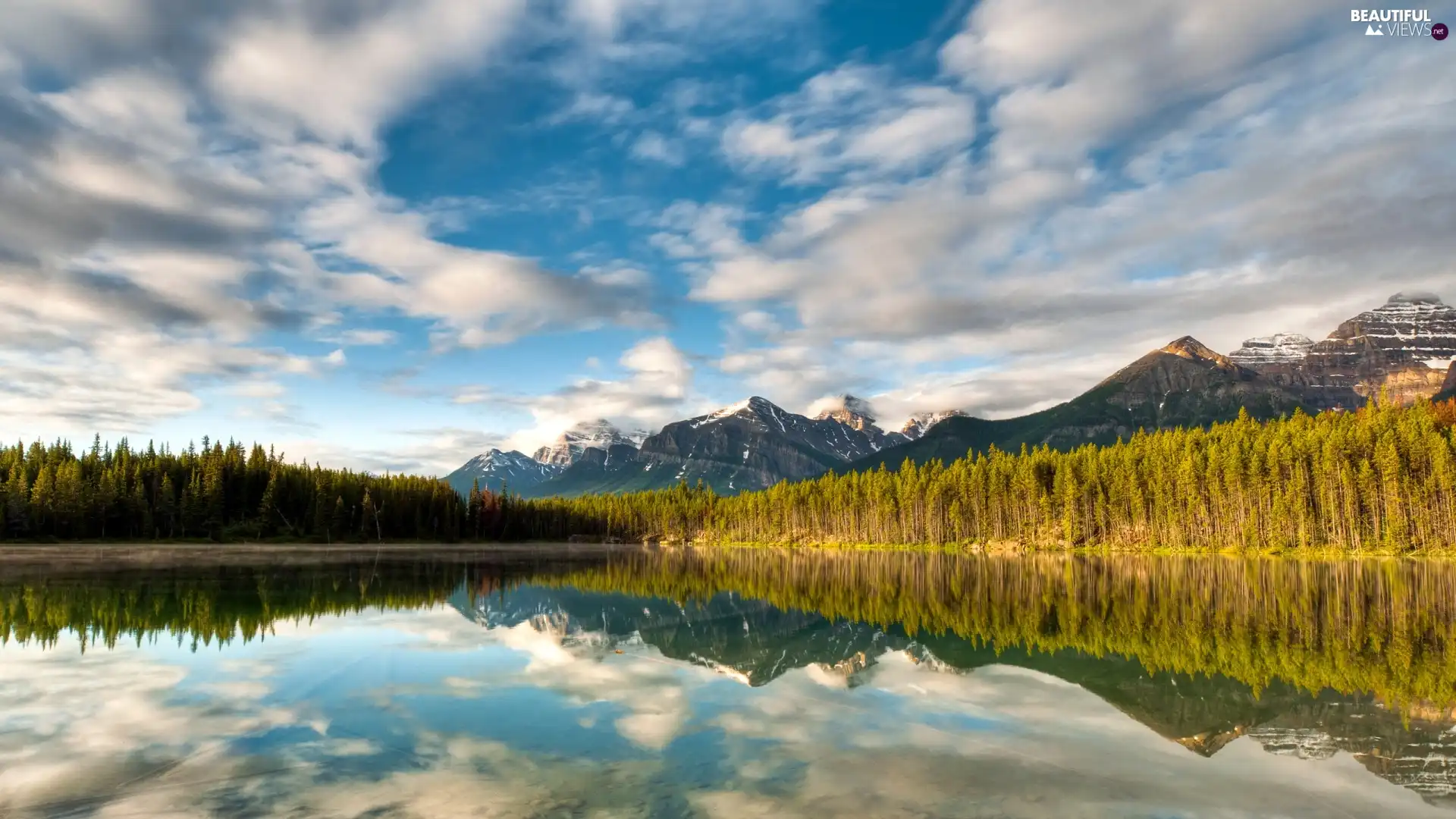 Sky, clouds, woods, Mountains, lake