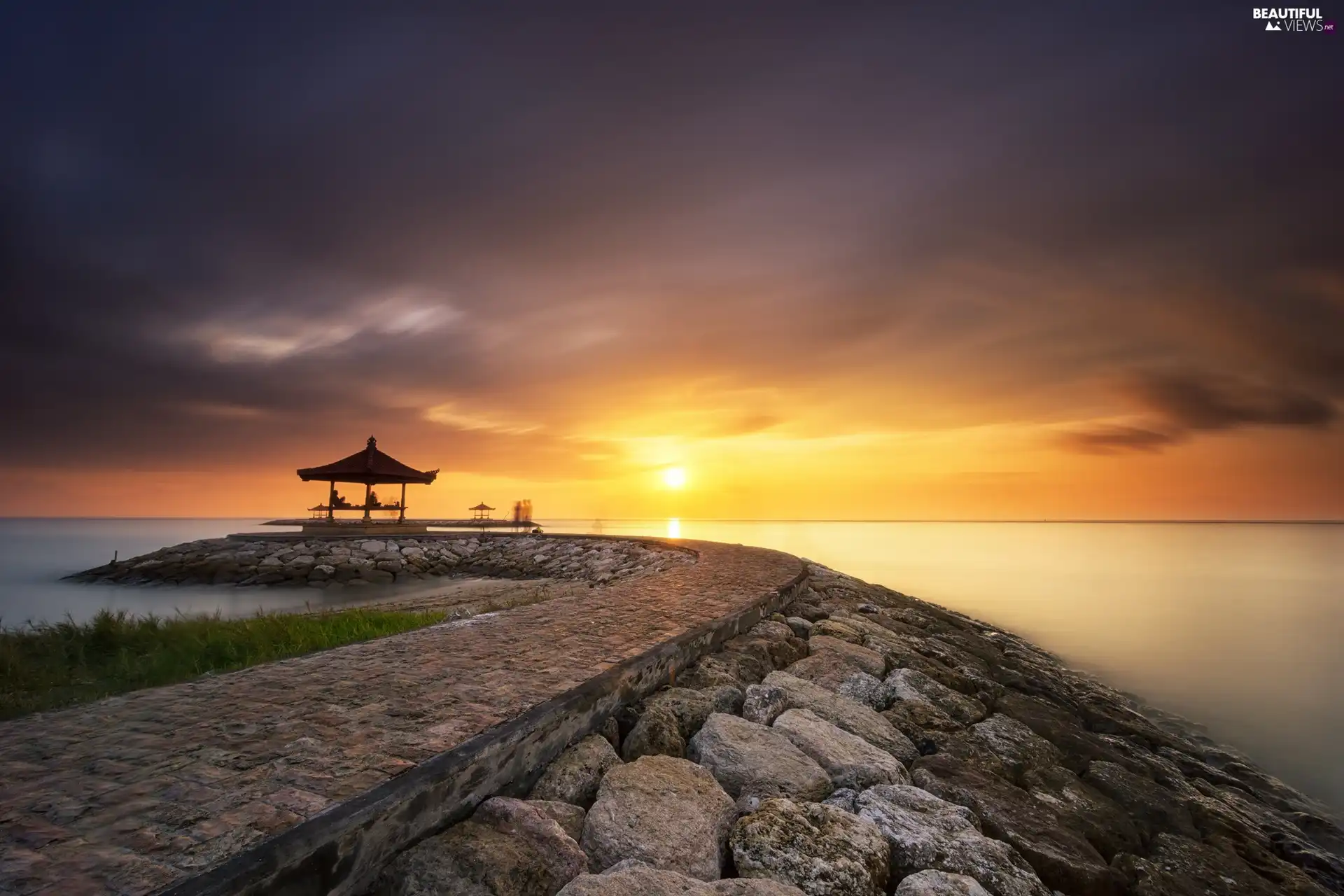 Sun, sea, Sky, clouds, pier, west