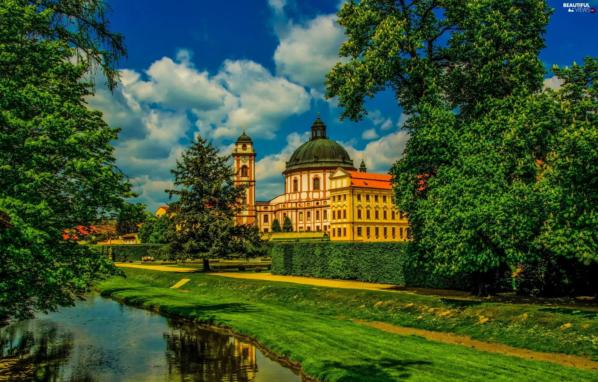 viewes, palace, Sky, clouds, River, trees