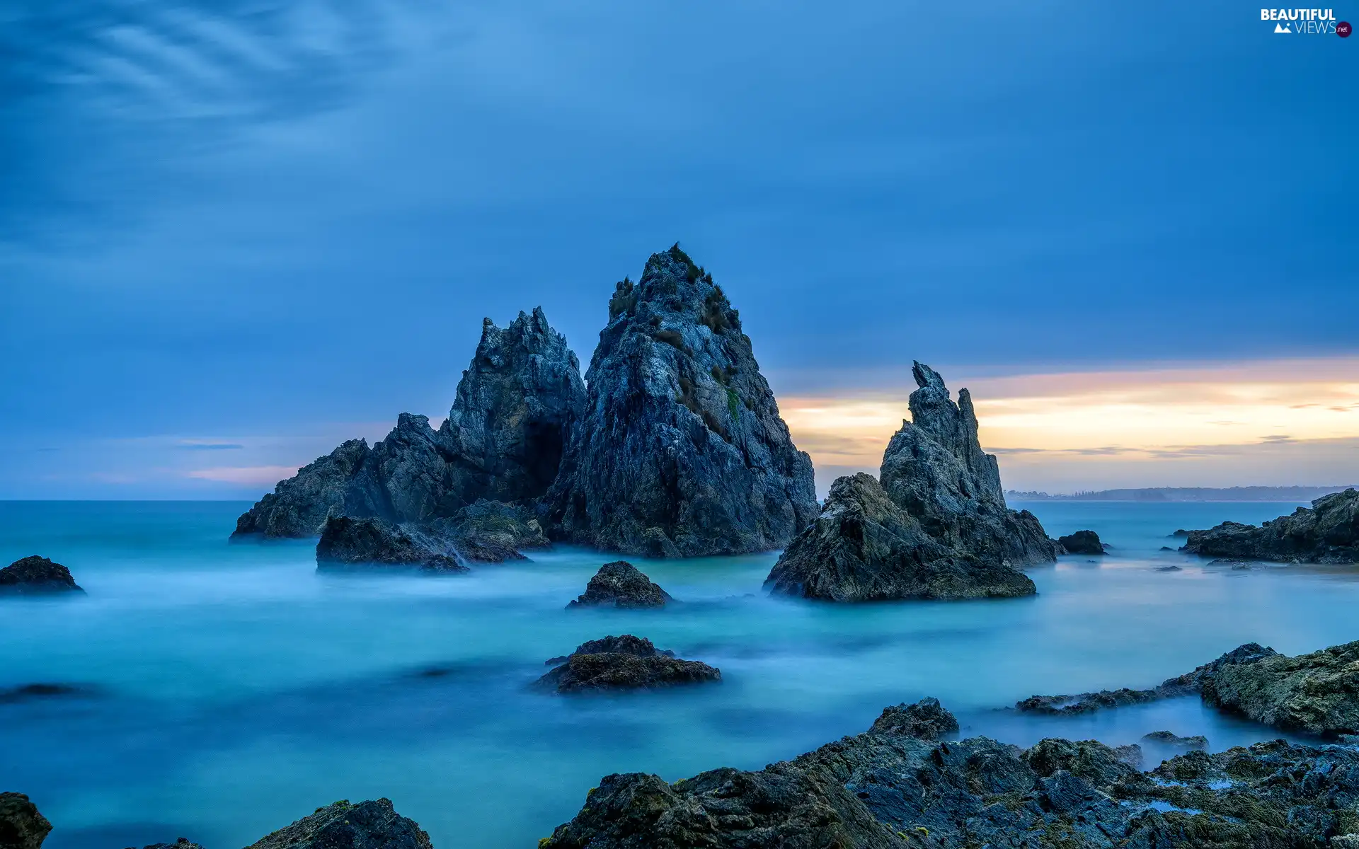 rocks, sea, blue, Sky, Sunrise, coast
