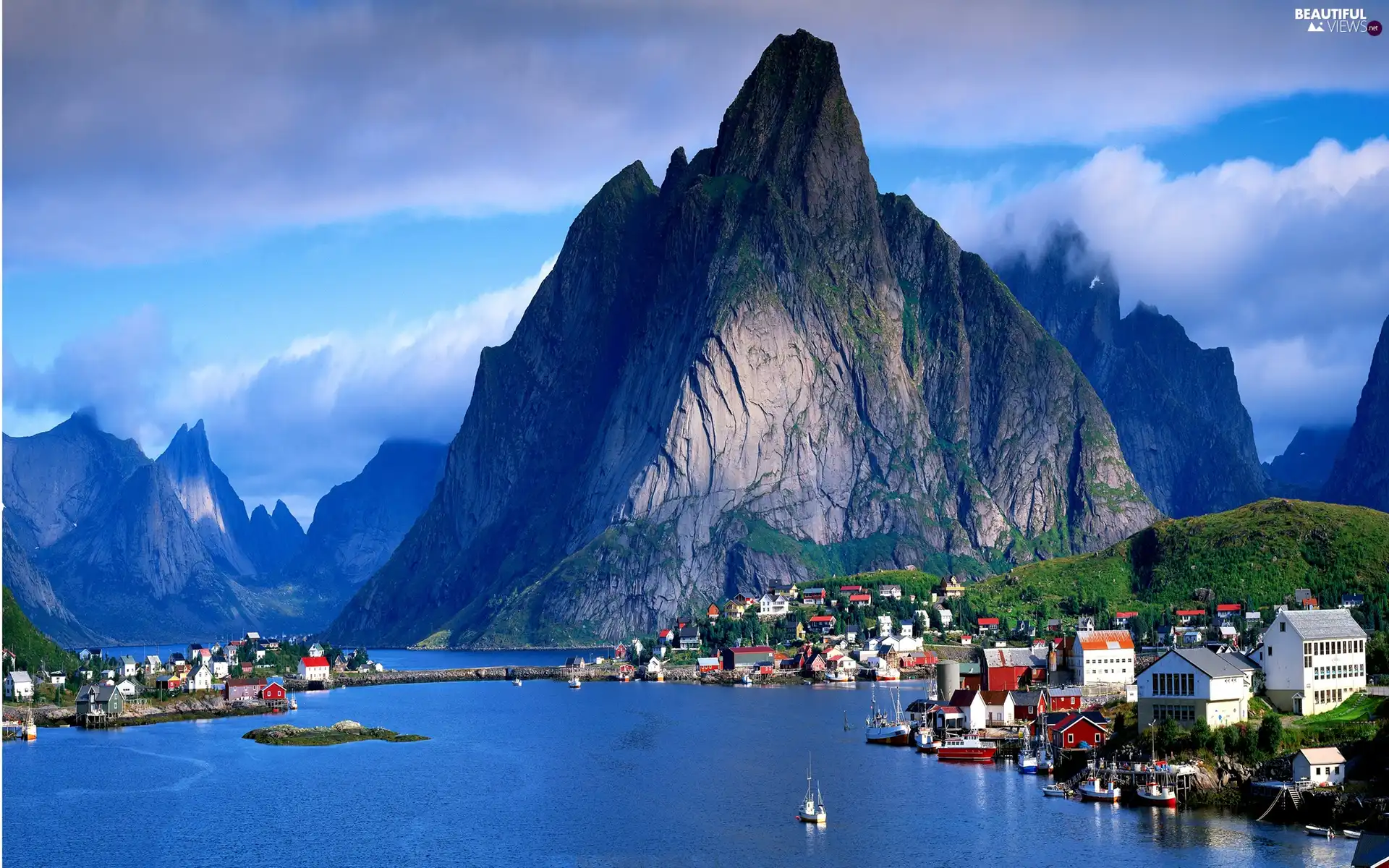 lake, Houses, Sky, Mountains