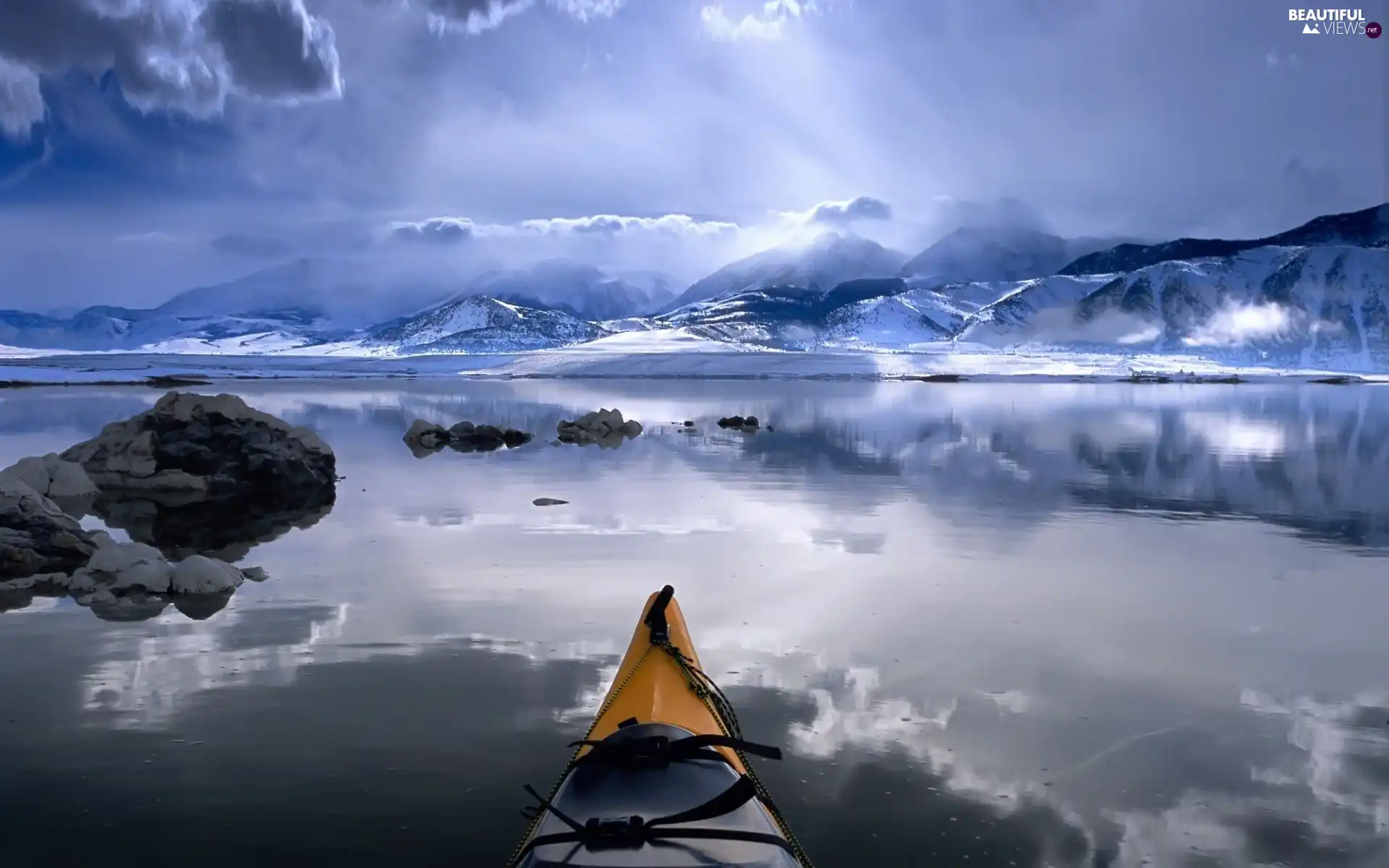 lake, Mountains, Sky, Boat