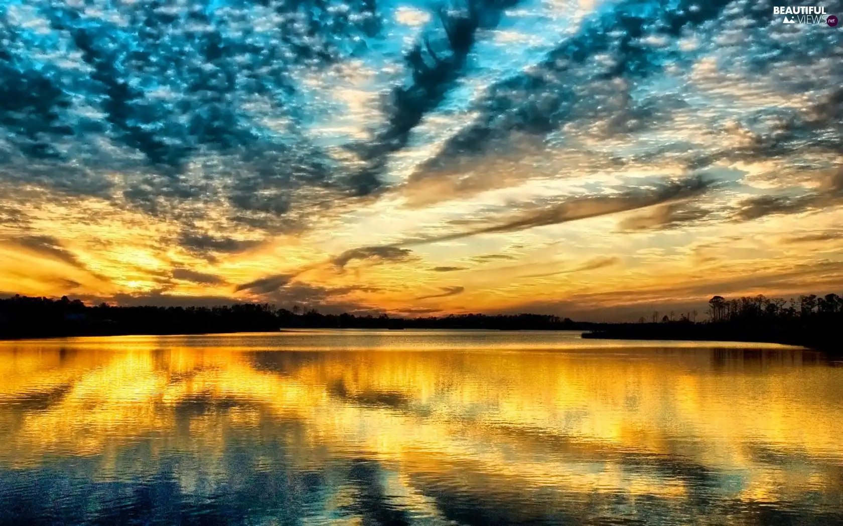 Sky, lake, sun, clouds, west