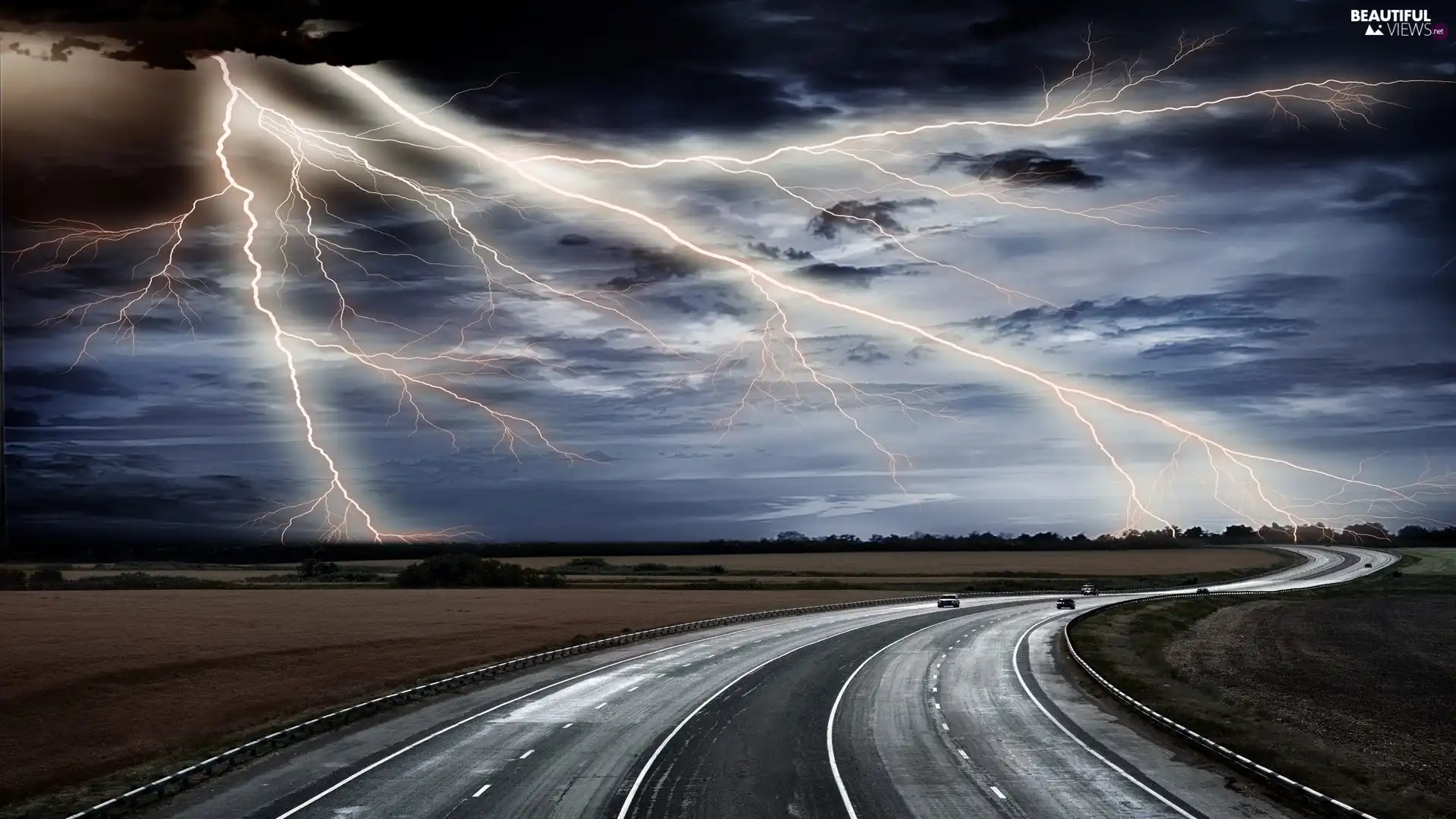Sky, lightning, turn, Field, Way
